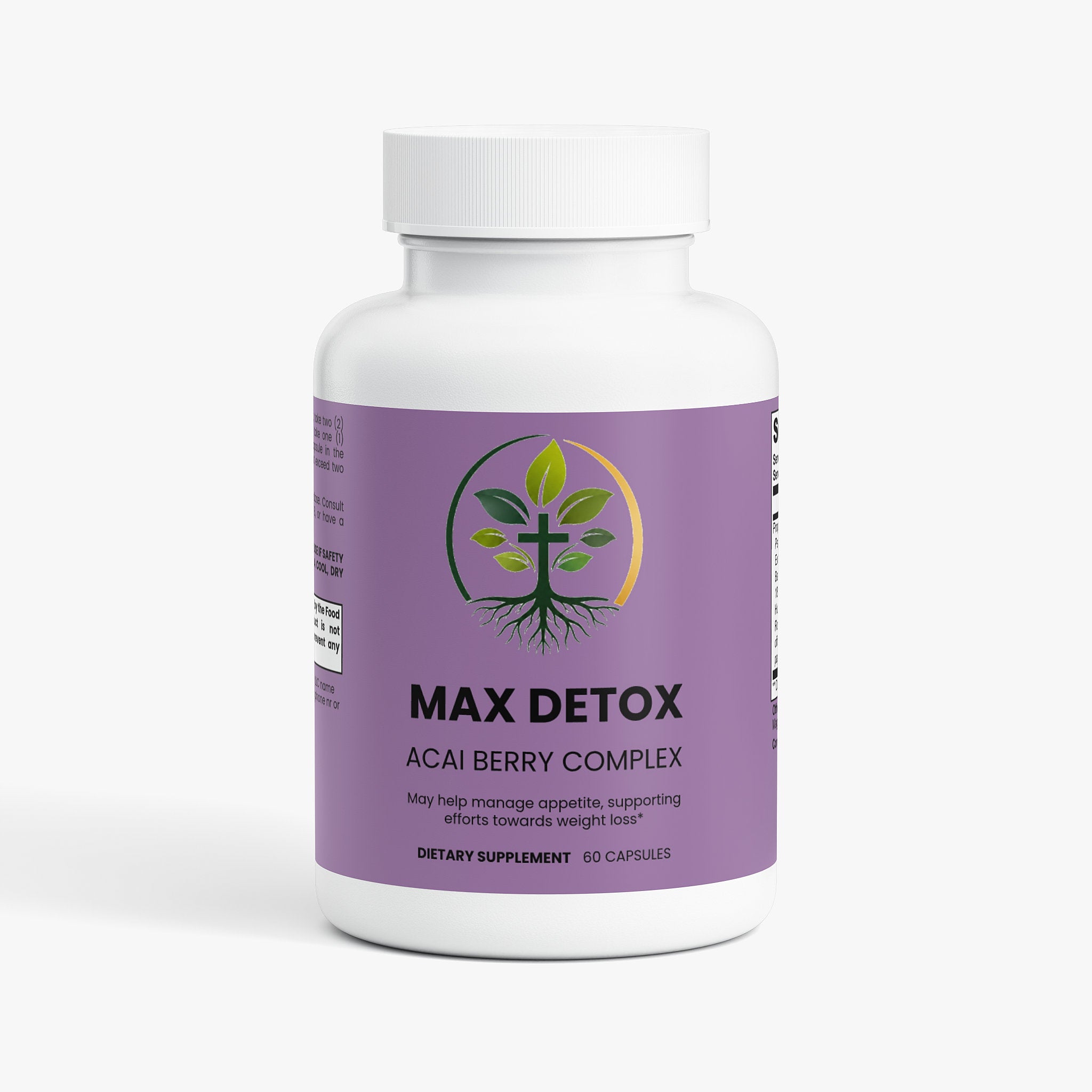 Max Detox Acai capsules — acai berry detox cleanse capsules for natural body detox, front of bottle label