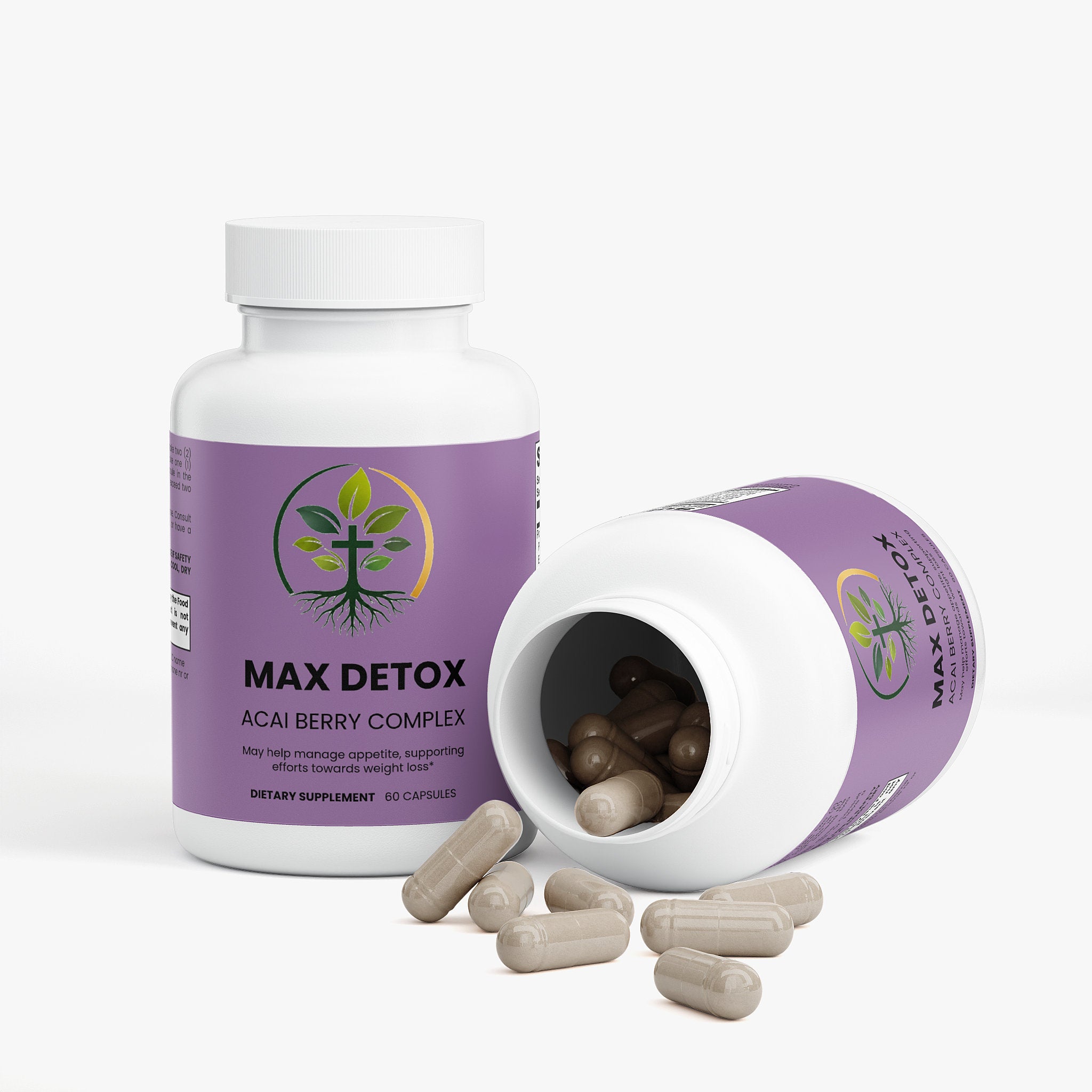 Max Detox Acai capsules — acai berry detox cleanse capsules for natural body detox, bottle angle view