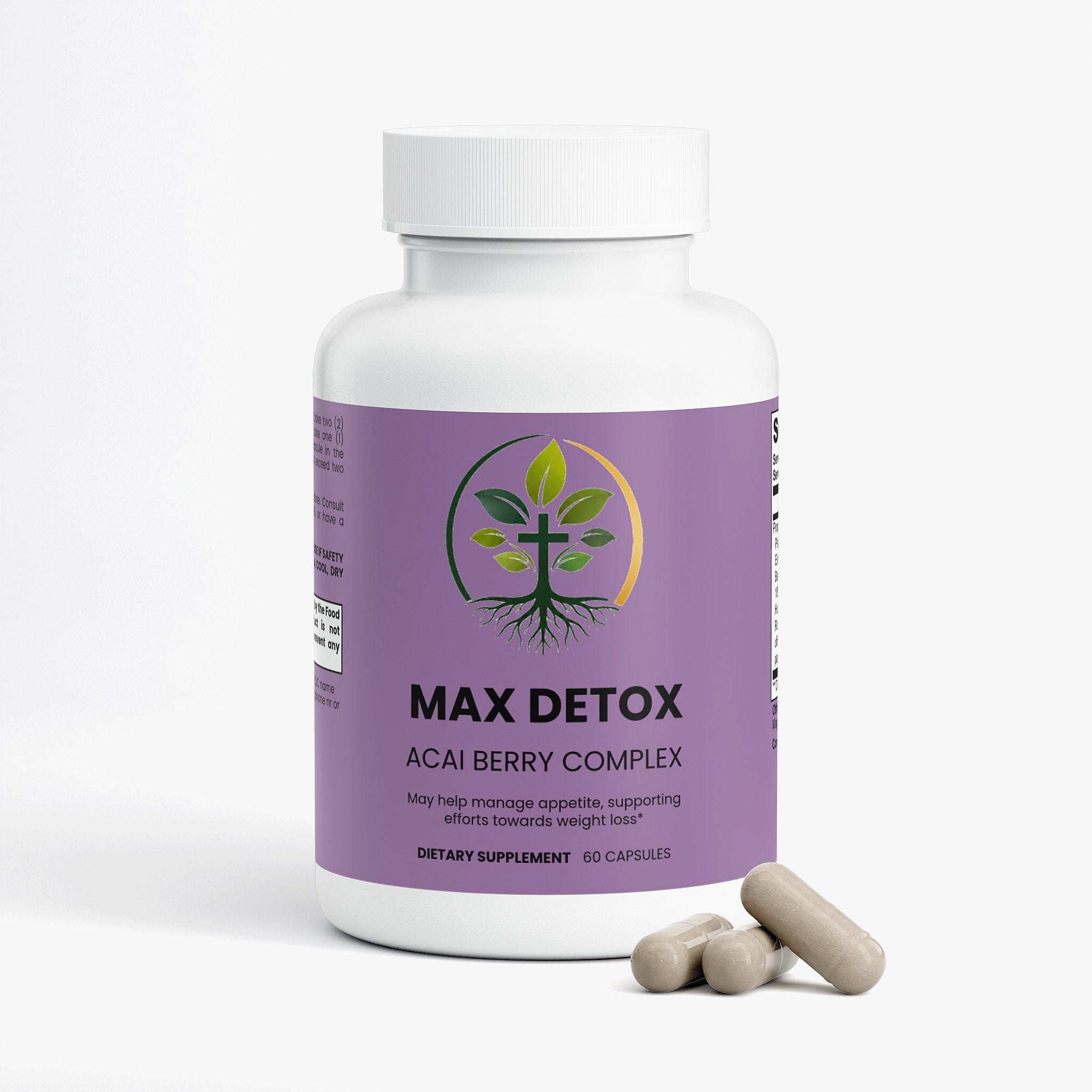 Max Detox Acai capsules — acai berry detox cleanse capsules for natural body detox, back label with supplement facts and ingredients
