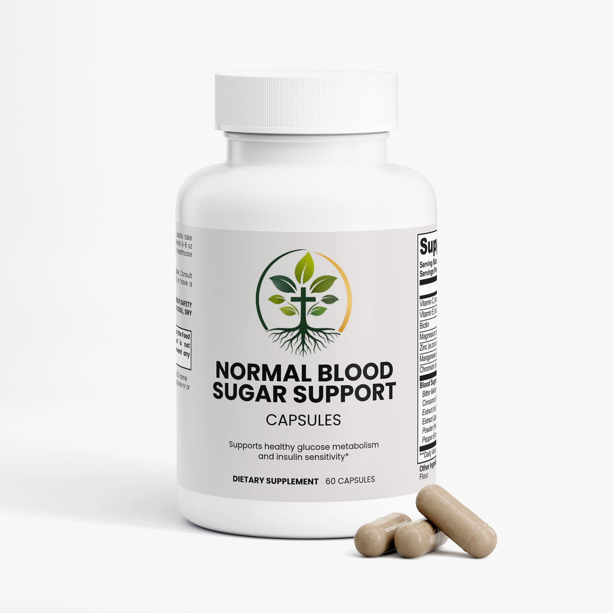 Normal Blood Sugar Support capsules — blood sugar support supplement with cinnamon and chromium, back label with supplement facts and ingredients