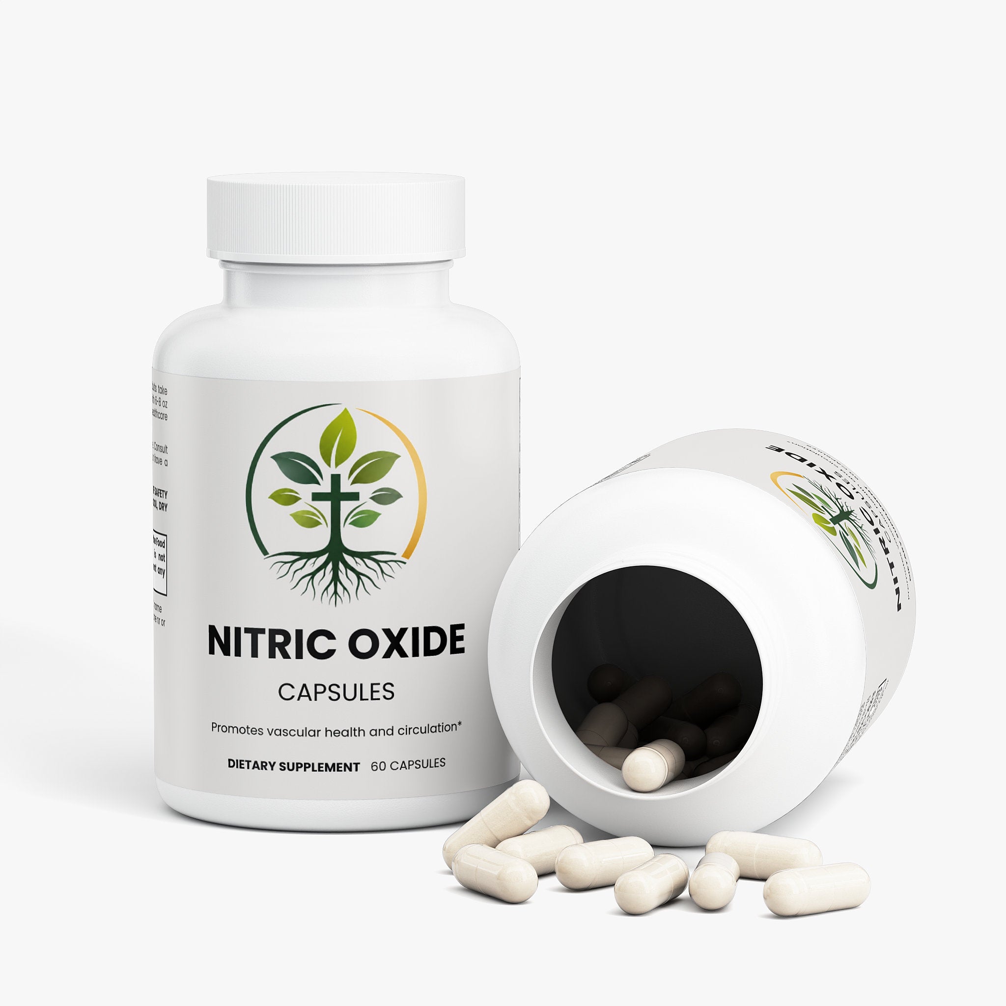 Nitric Oxide capsules — nitric oxide booster capsules with L-arginine and citrulline for blood flow, bottle angle view