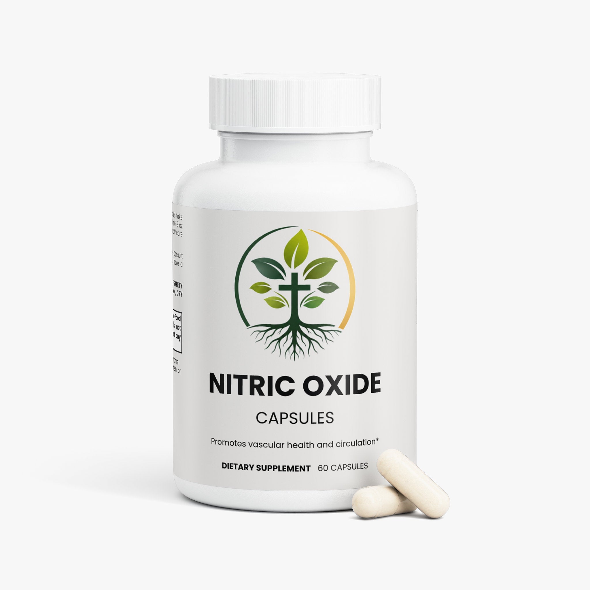Nitric Oxide capsules — nitric oxide booster capsules with L-arginine and citrulline for blood flow, back label with supplement facts and ingredients