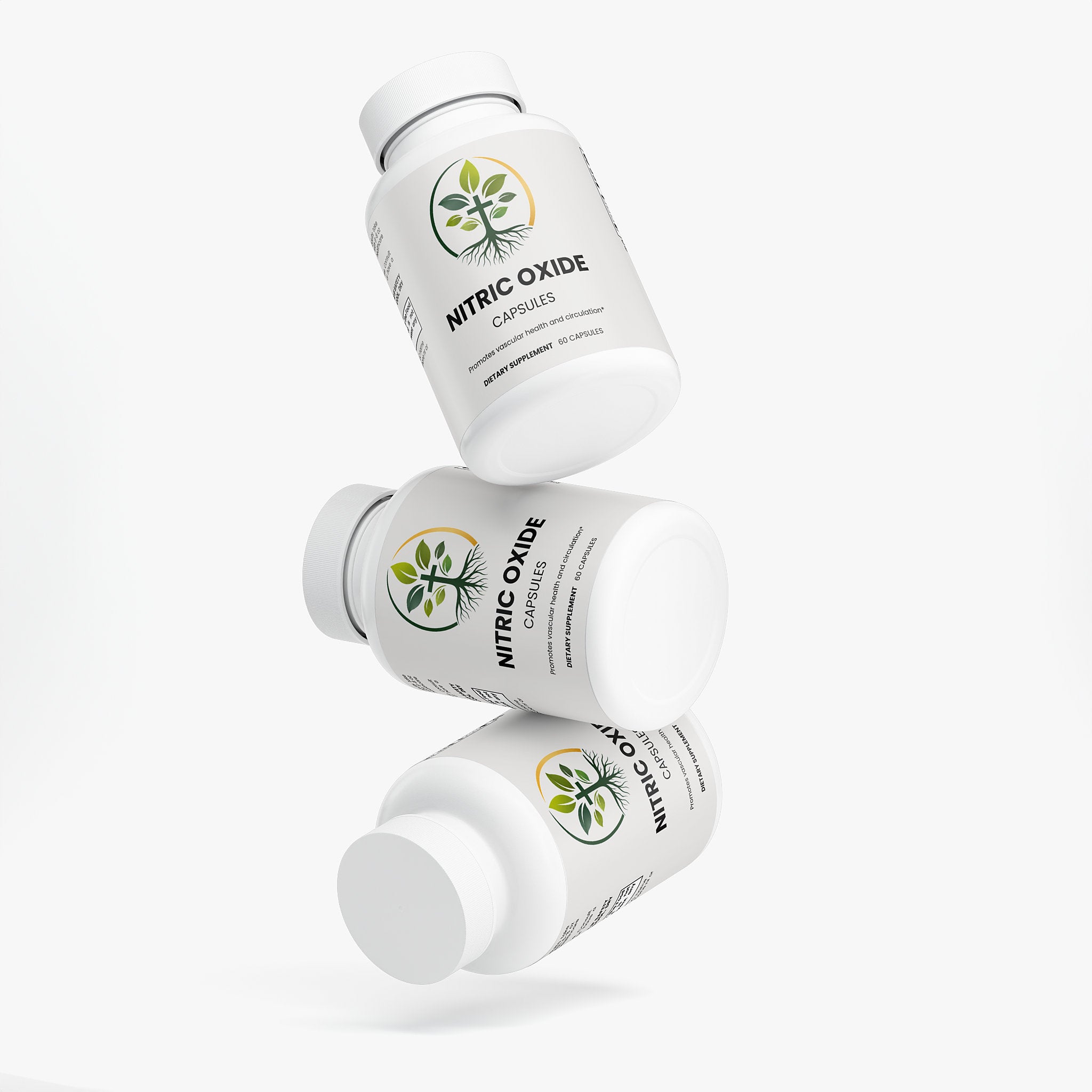Nitric Oxide capsules — nitric oxide booster capsules with L-arginine and citrulline for blood flow, bottle angle view
