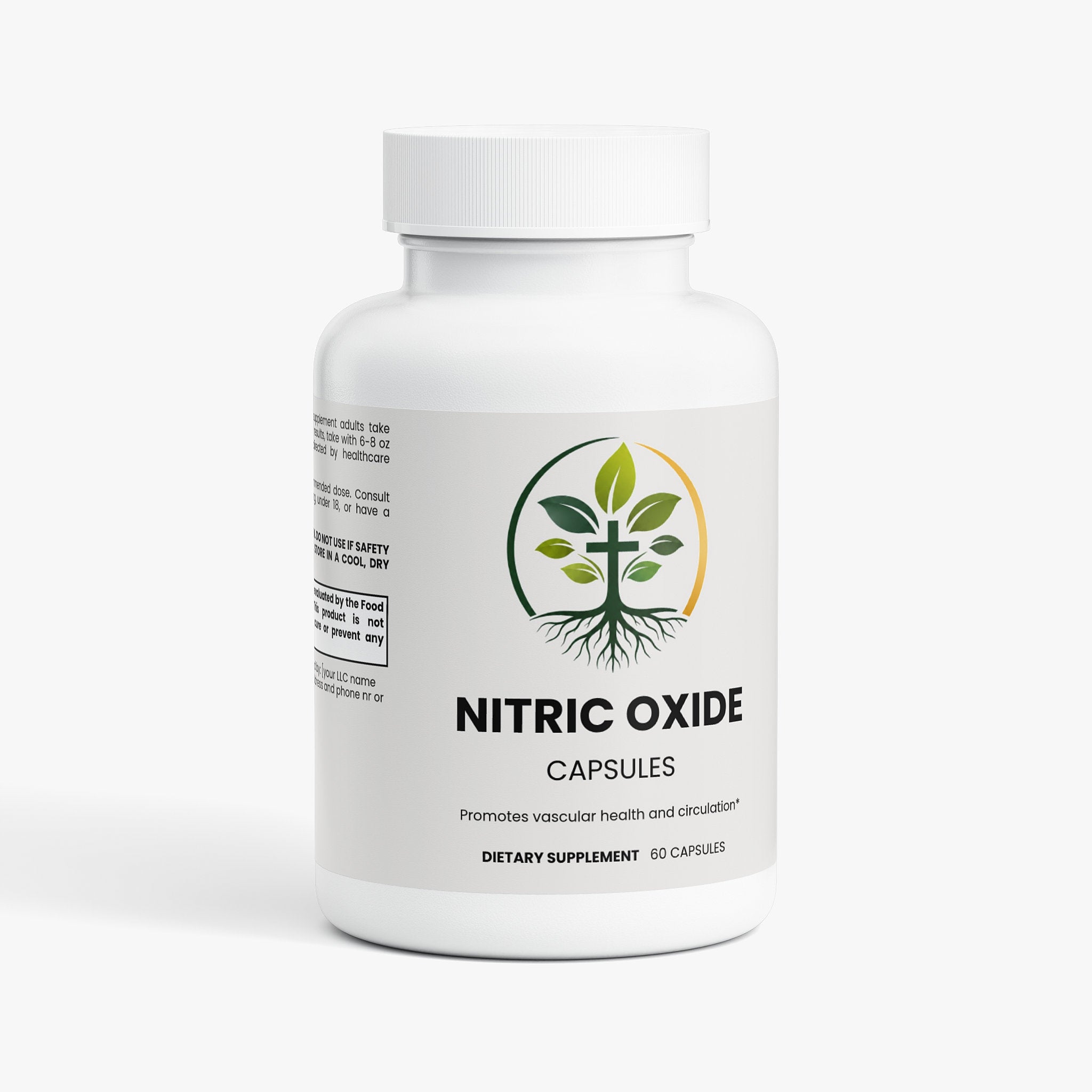 Nitric Oxide capsules — nitric oxide booster capsules with L-arginine and citrulline for blood flow, front of bottle label