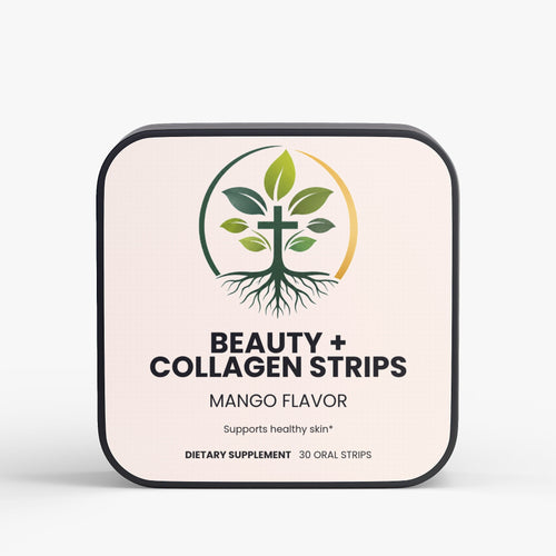 Beauty and Collagen Strips dissolvable oral strips — collagen and vitamin E dissolvable beauty strips for skin hair and nails, front of bottle label