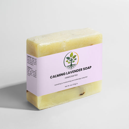 Calming Lavender Soap natural bar soap — calming lavender natural bar soap handmade botanical, back label with supplement facts and ingredients