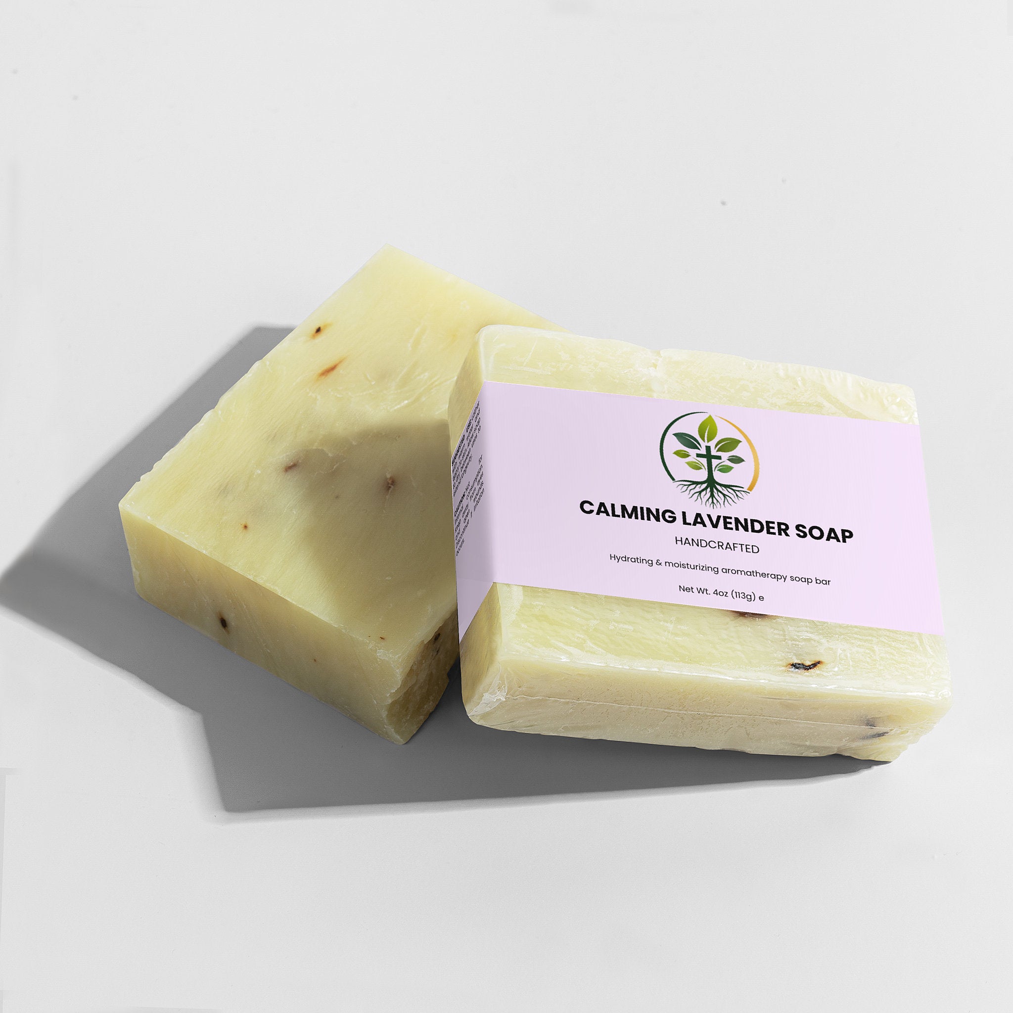 Calming Lavender Soap natural bar soap — calming lavender natural bar soap handmade botanical, packaging angle view