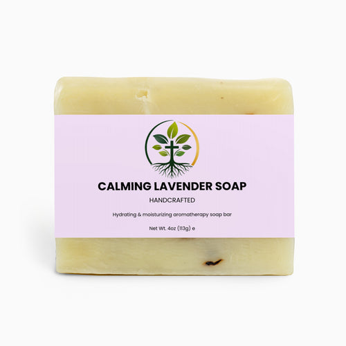 Calming Lavender Soap natural bar soap — calming lavender natural bar soap handmade botanical, front of packaging label