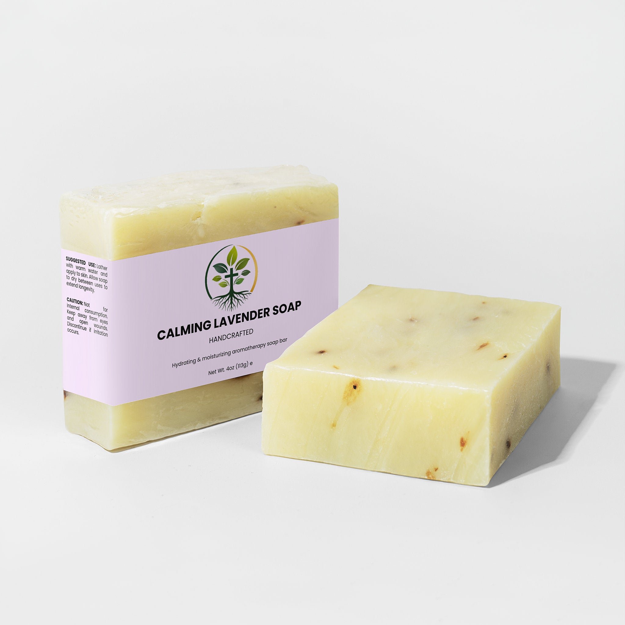 Calming Lavender Soap natural bar soap — calming lavender natural bar soap handmade botanical, packaging angle view