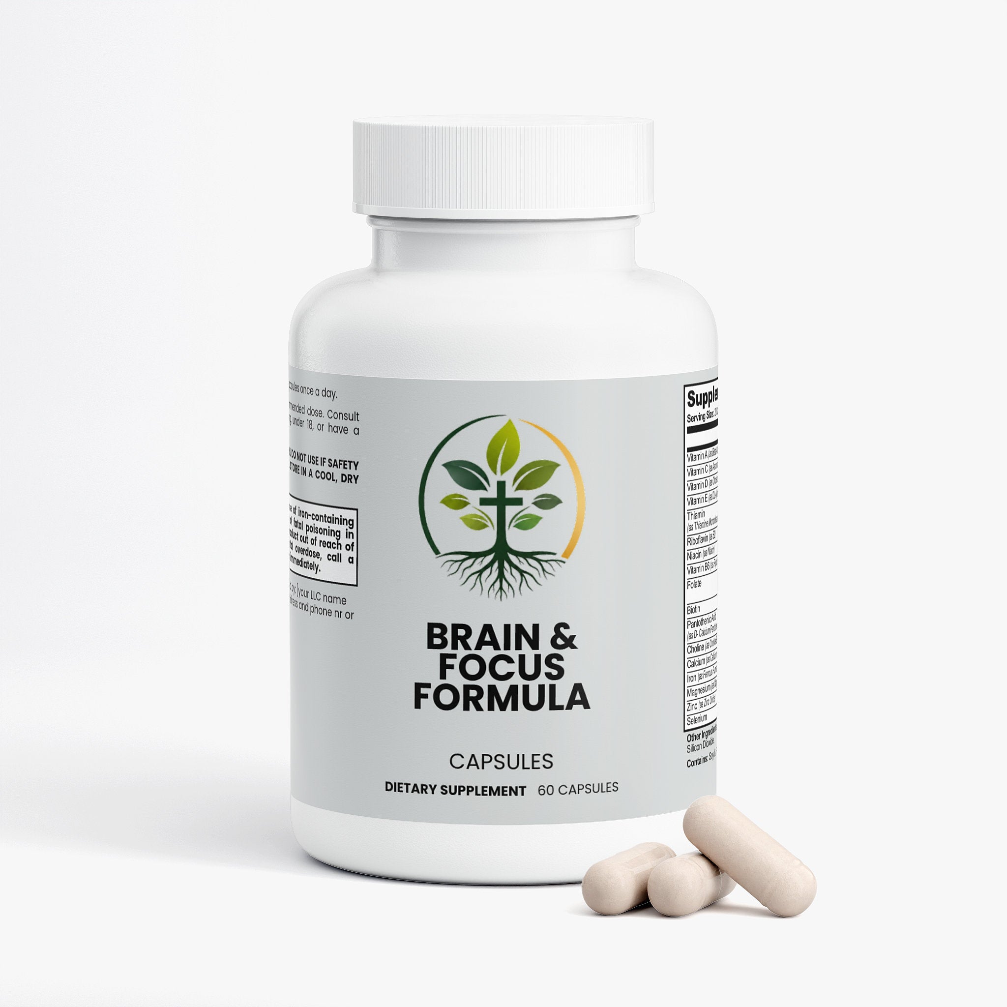 Brain and Focus Formula capsules — brain focus supplement with nootropics for concentration and clarity, back label with supplement facts and ingredients