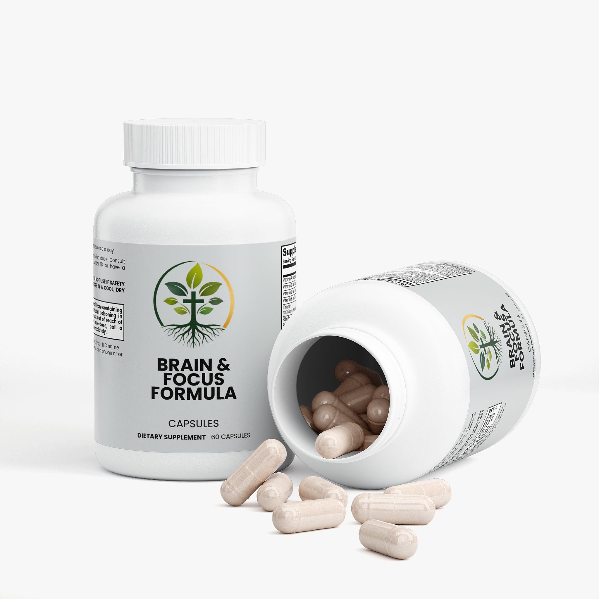 Brain and Focus Formula capsules — brain focus supplement with nootropics for concentration and clarity, bottle angle view