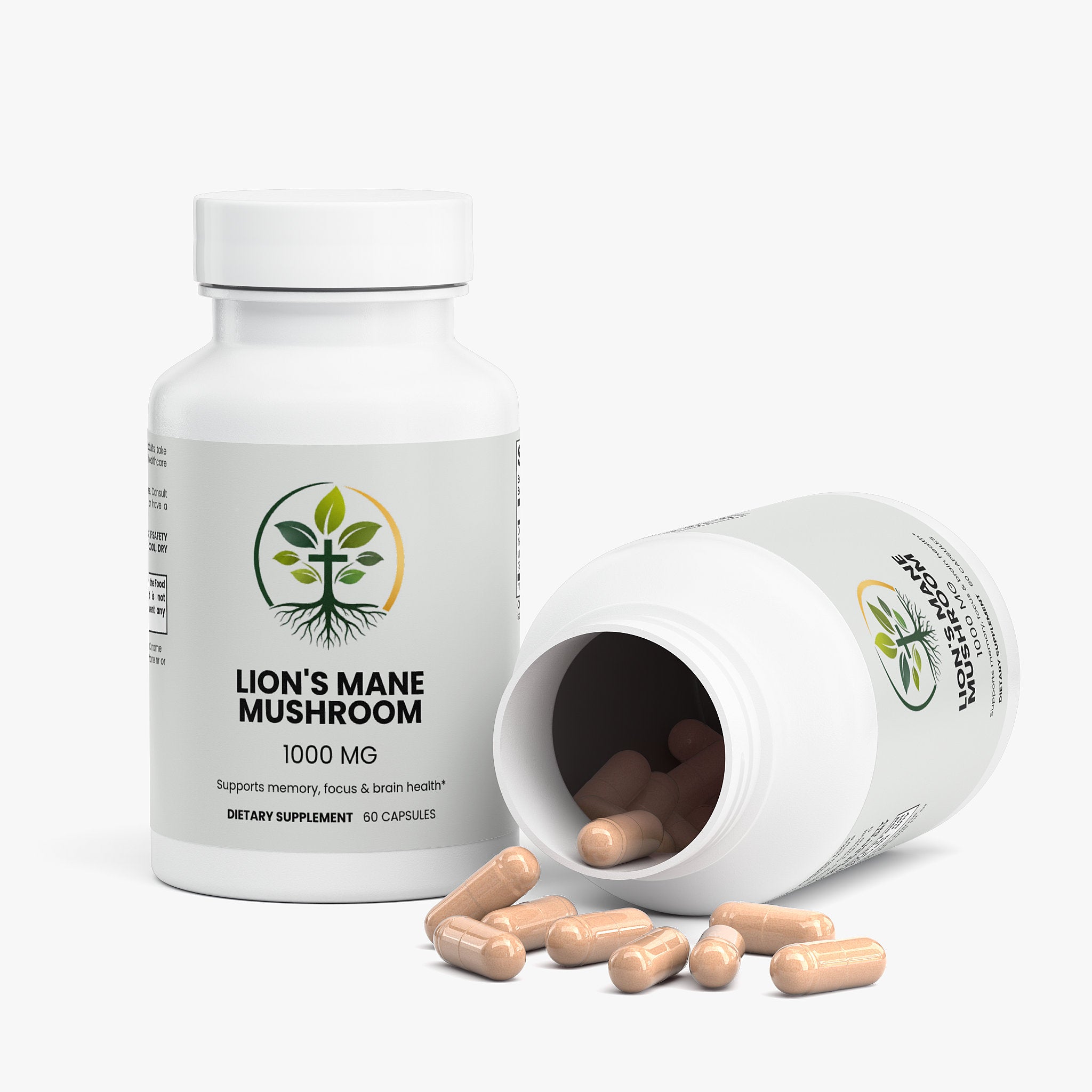 Lion's Mane Mushroom capsules — lion's mane mushroom capsules for memory focus and cognitive support, packaging angle view