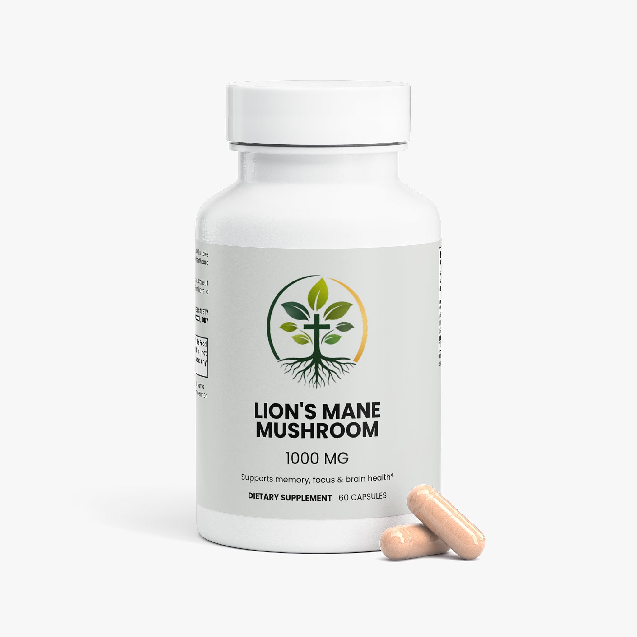 Lion's Mane Mushroom capsules — lion's mane mushroom capsules for memory focus and cognitive support, back label with supplement facts and ingredients