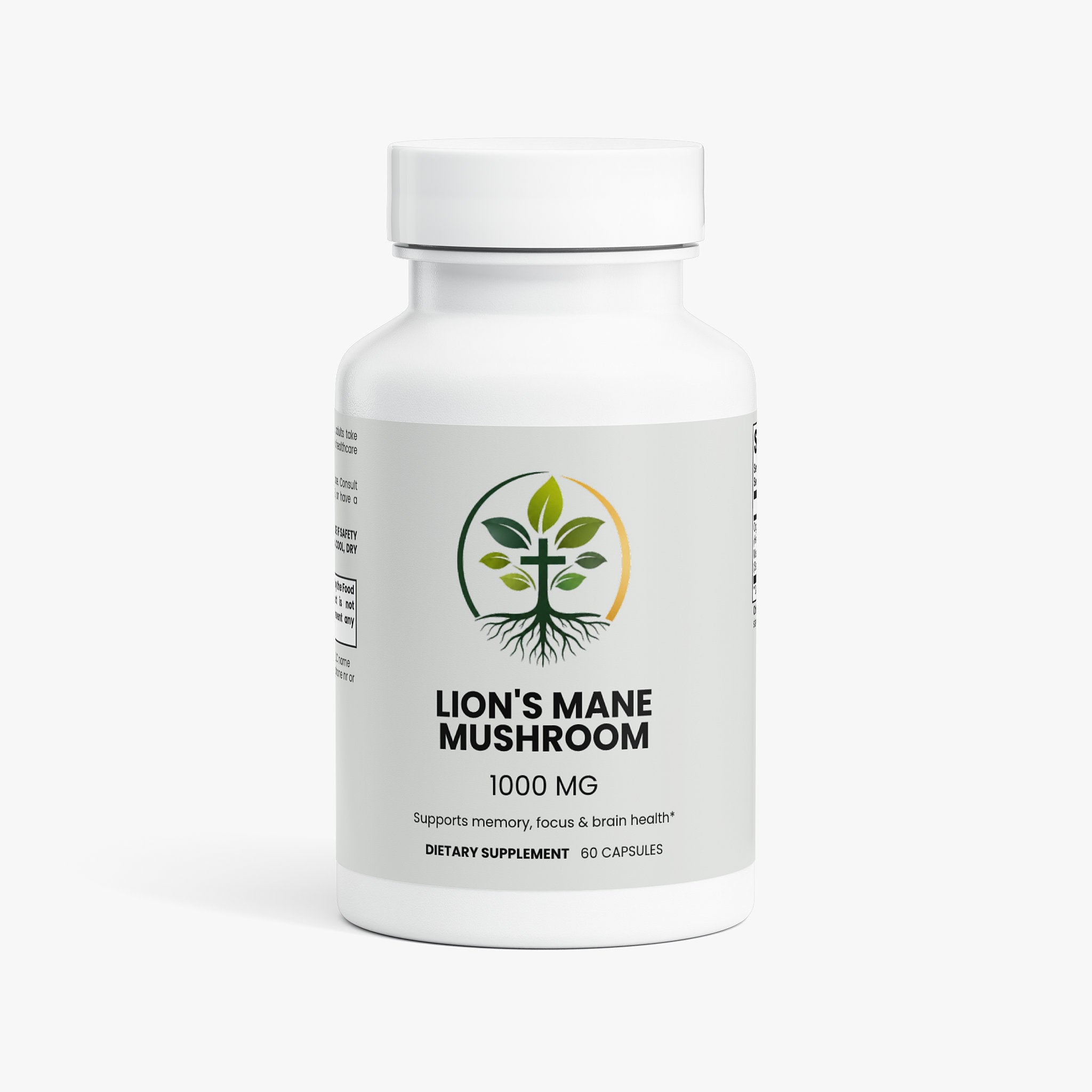 Lion's Mane Mushroom capsules — lion's mane mushroom capsules for memory focus and cognitive support, front of packaging label