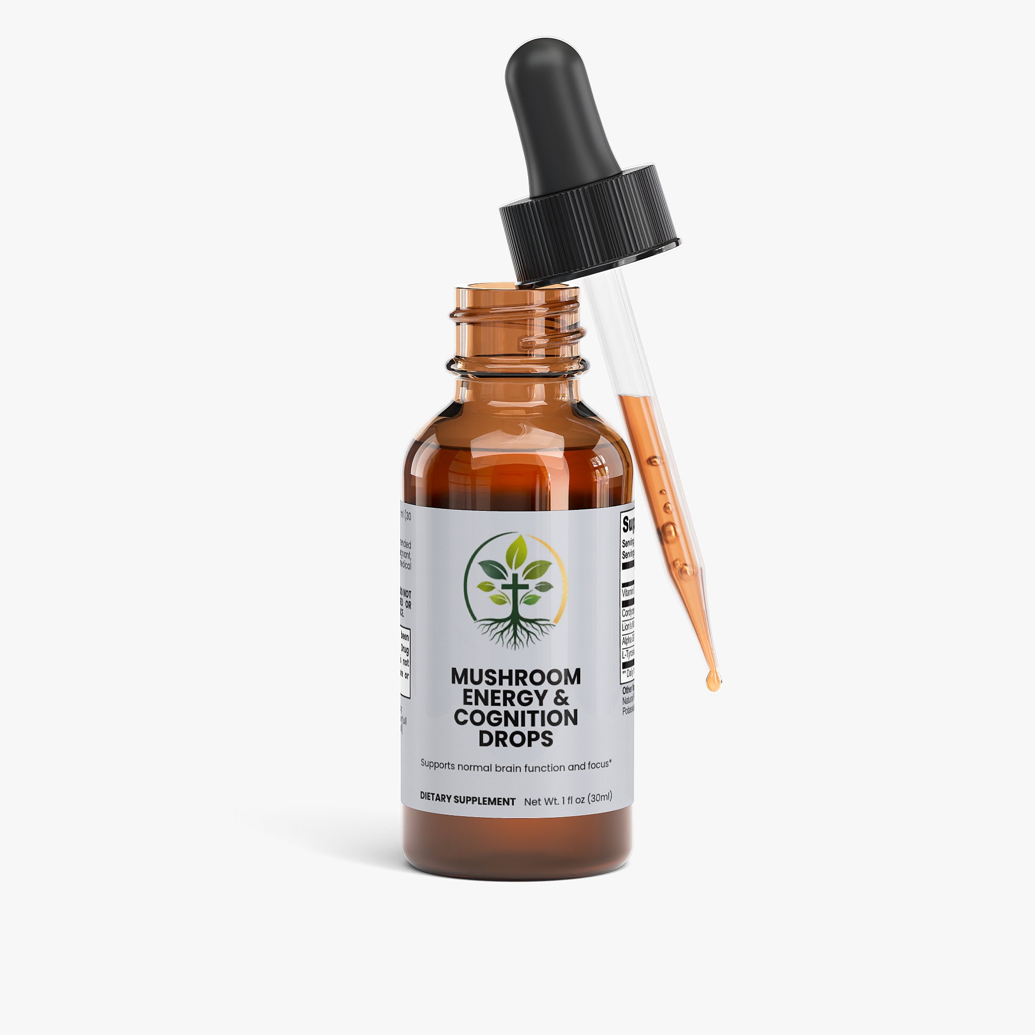 Mushroom Energy & Cognition Drops liquid drops — mushroom energy and cognition drops liquid adaptogen lion's mane focus, back label with supplement facts and ingredients