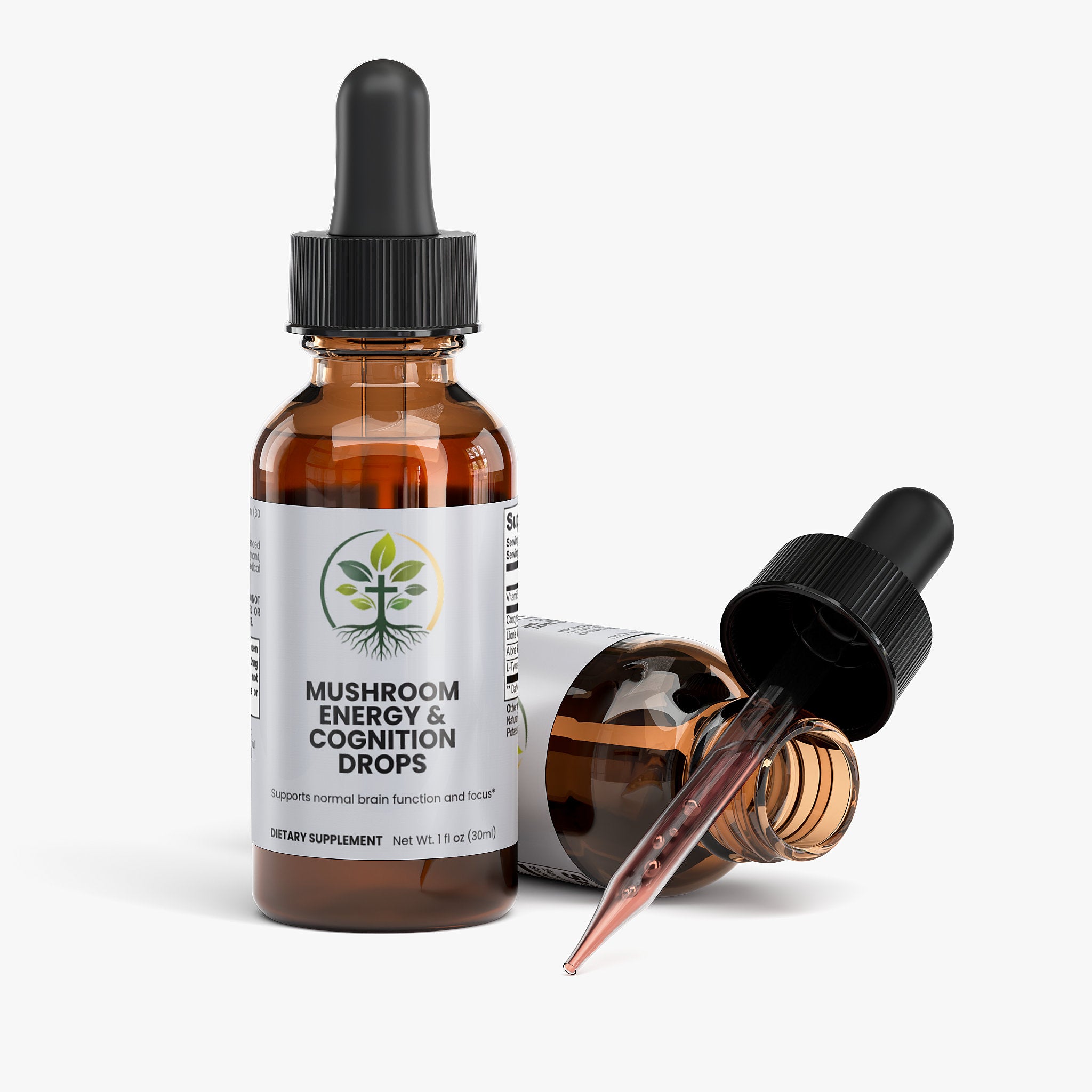 Mushroom Energy & Cognition Drops liquid drops — mushroom energy and cognition drops liquid adaptogen lion's mane focus, packaging angle view