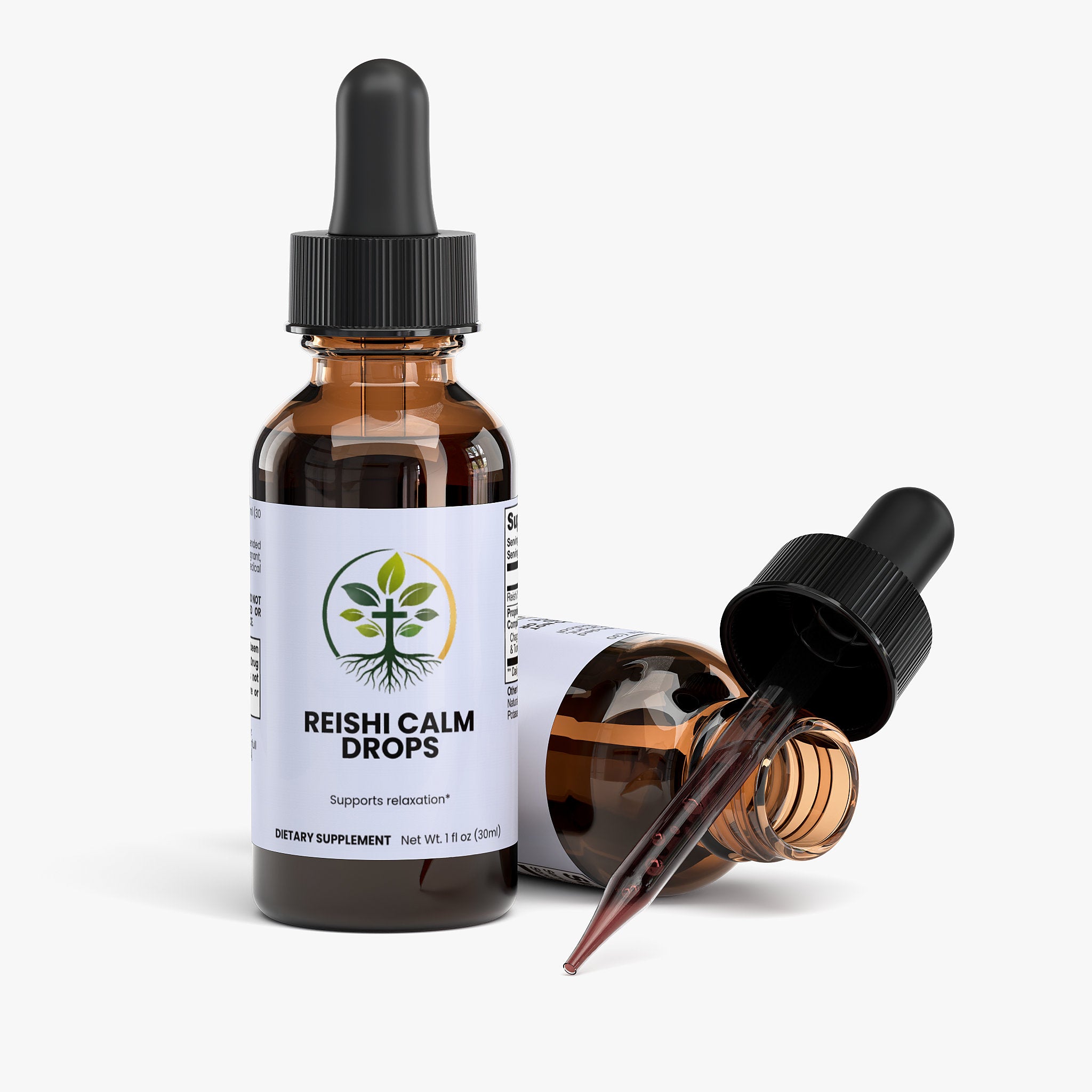 Reishi Calm Drops liquid drops — reishi mushroom calm drops liquid adaptogen for stress and relaxation, packaging angle view