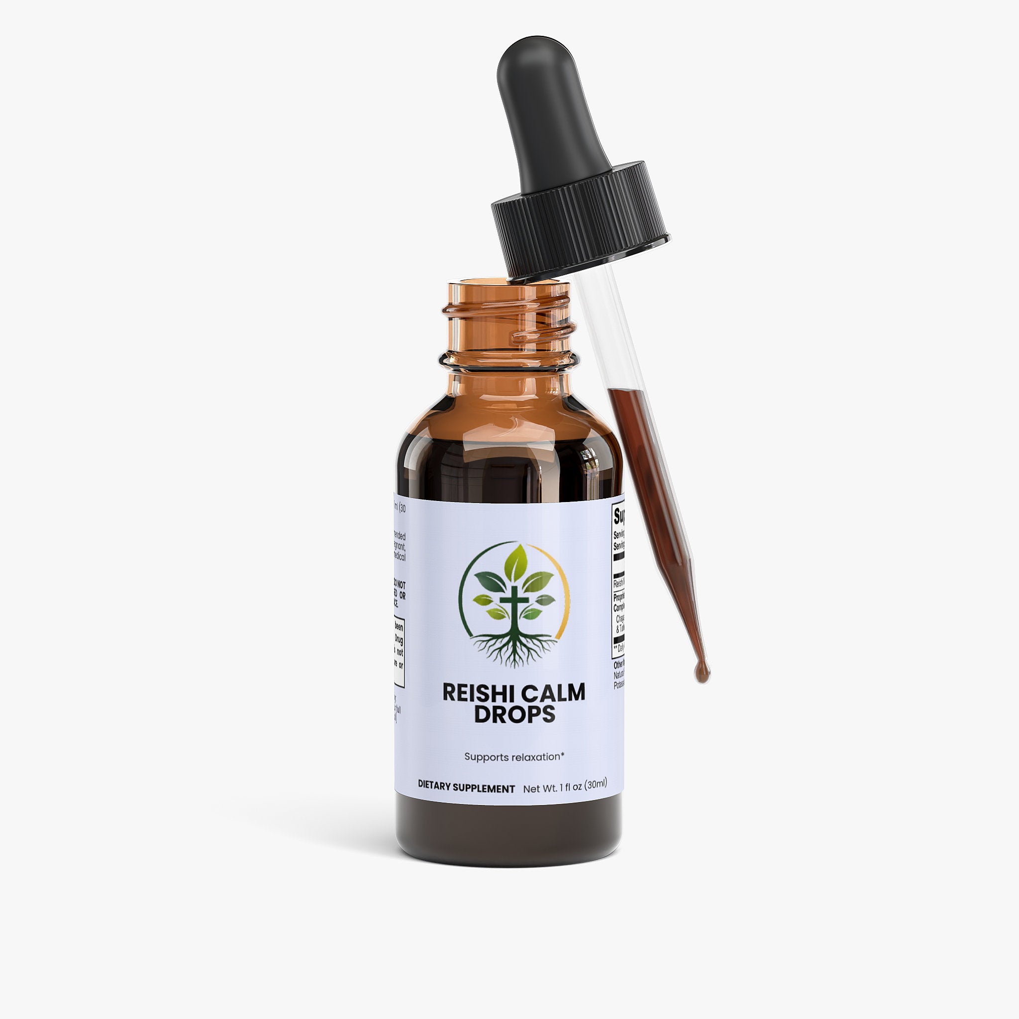 Reishi Calm Drops liquid drops — reishi mushroom calm drops liquid adaptogen for stress and relaxation, back label with supplement facts and ingredients