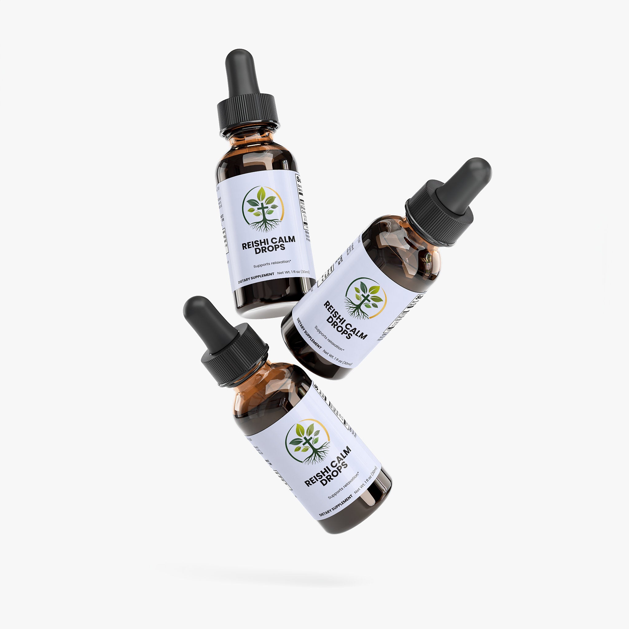 Reishi Calm Drops liquid drops — reishi mushroom calm drops liquid adaptogen for stress and relaxation, packaging angle view