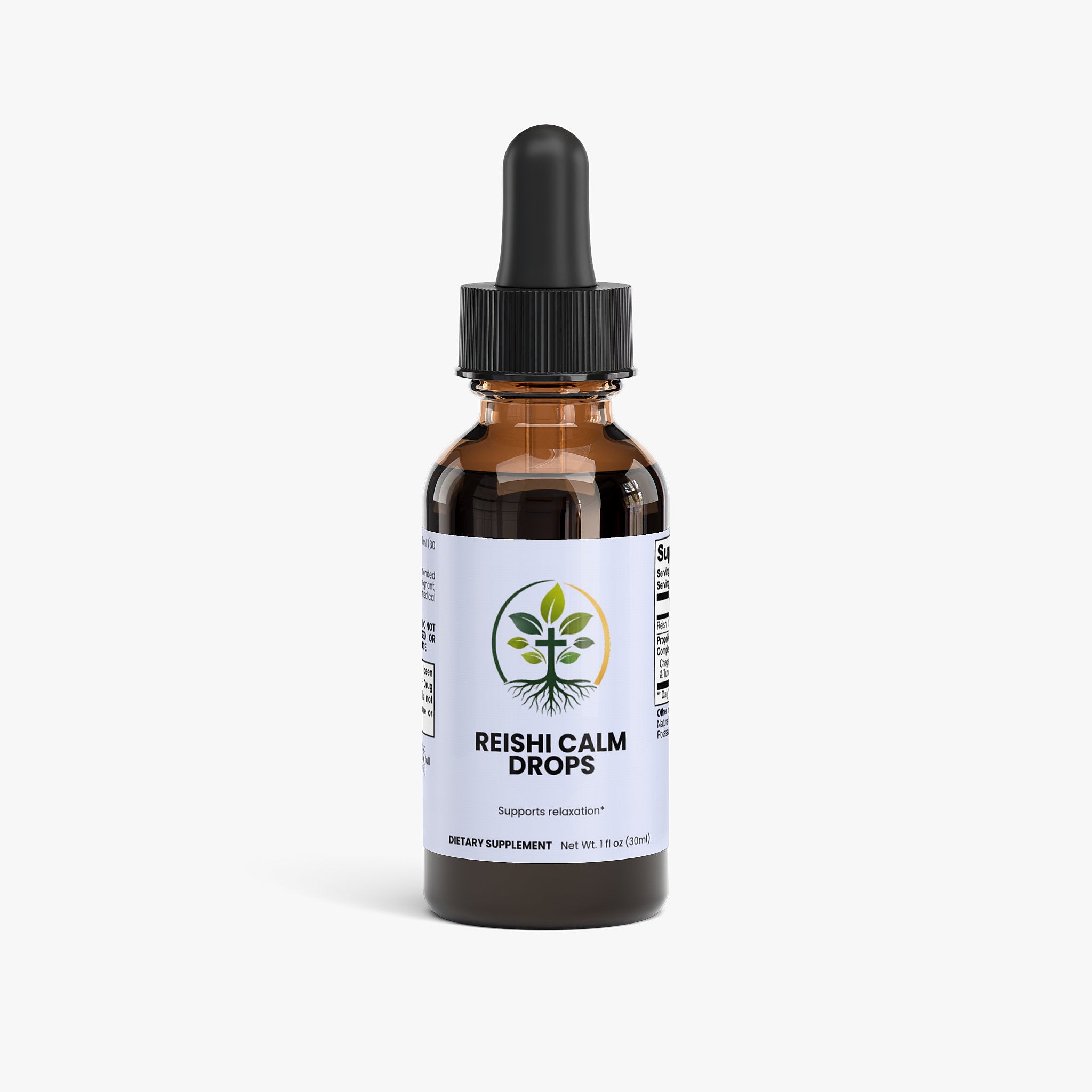 Reishi Calm Drops liquid drops — reishi mushroom calm drops liquid adaptogen for stress and relaxation, front of packaging label