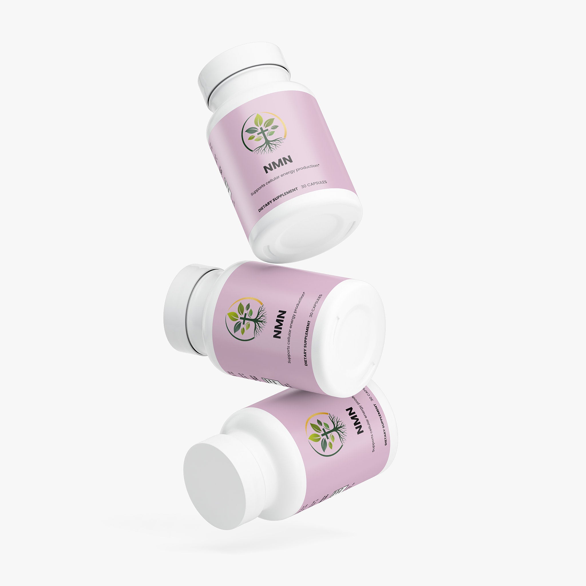 NMN capsules — NMN nicotinamide mononucleotide supplement for anti-aging and NAD+ boost, bottle angle view