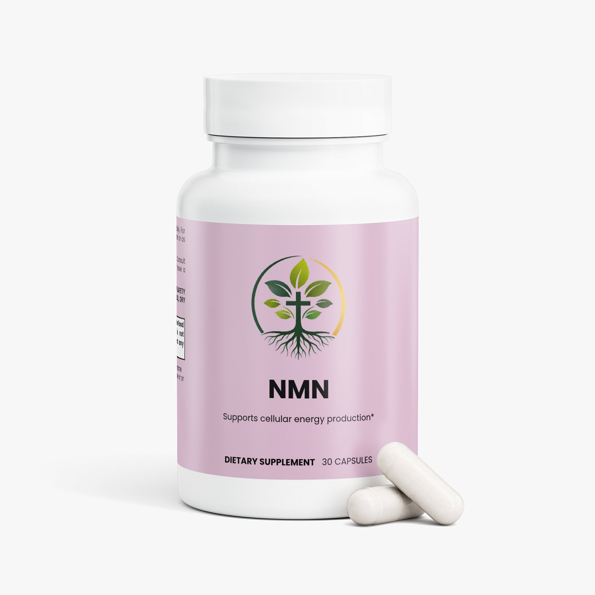 NMN capsules — NMN nicotinamide mononucleotide supplement for anti-aging and NAD+ boost, back label with supplement facts and ingredients