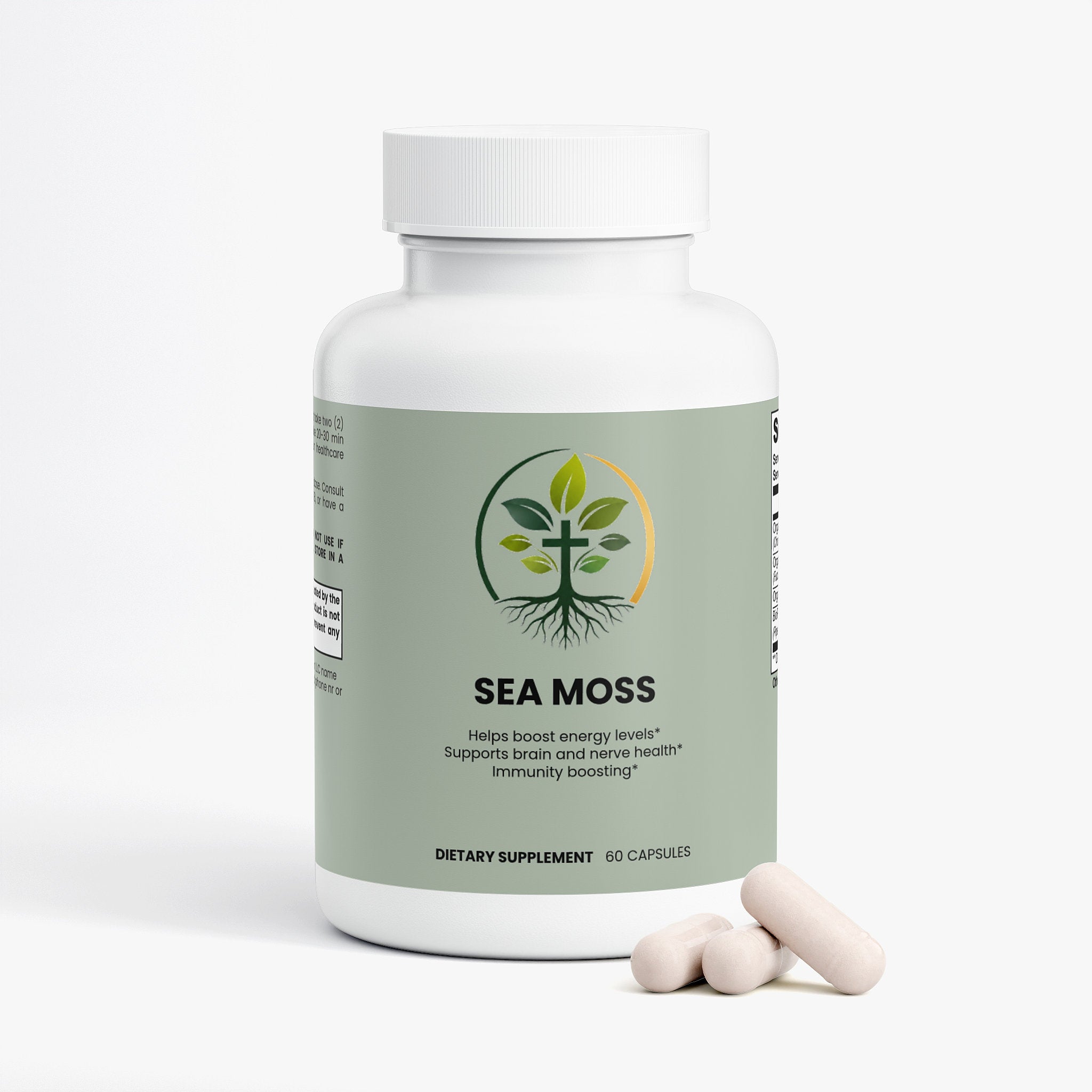 Sea Moss capsules — sea moss capsules wildcrafted Irish moss for minerals and thyroid support, back label with supplement facts and ingredients