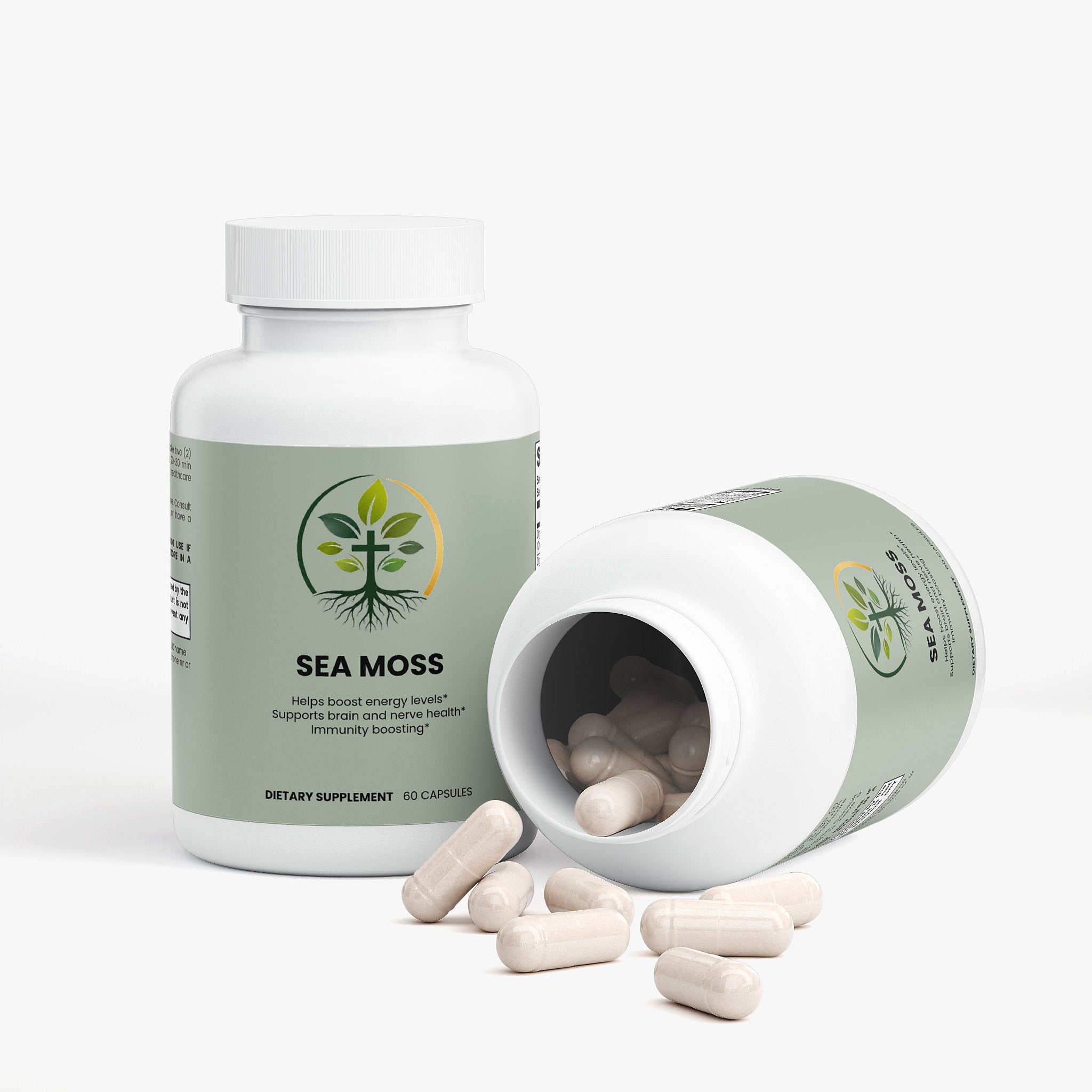 Sea Moss capsules — sea moss capsules wildcrafted Irish moss for minerals and thyroid support, packaging angle view