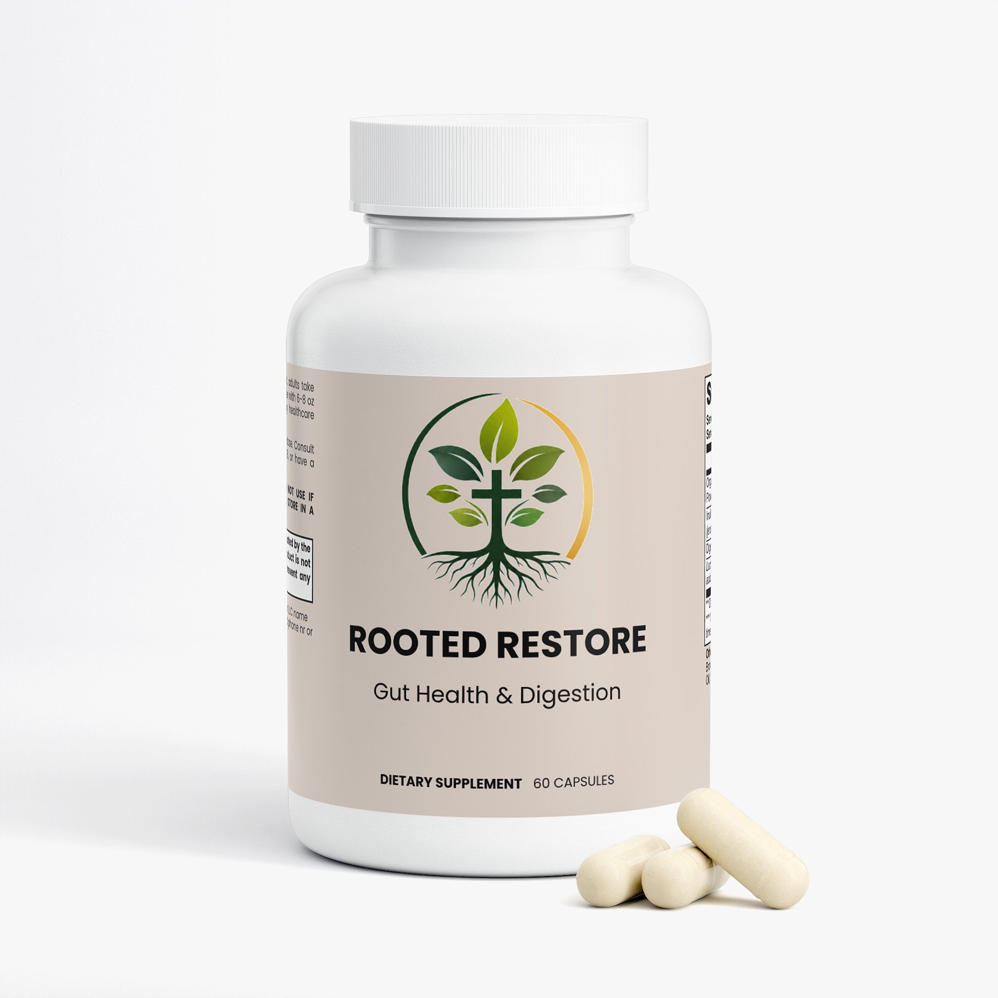Gut Health capsules — gut health supplement for digestion bloating and microbiome balance, back label with supplement facts and ingredients