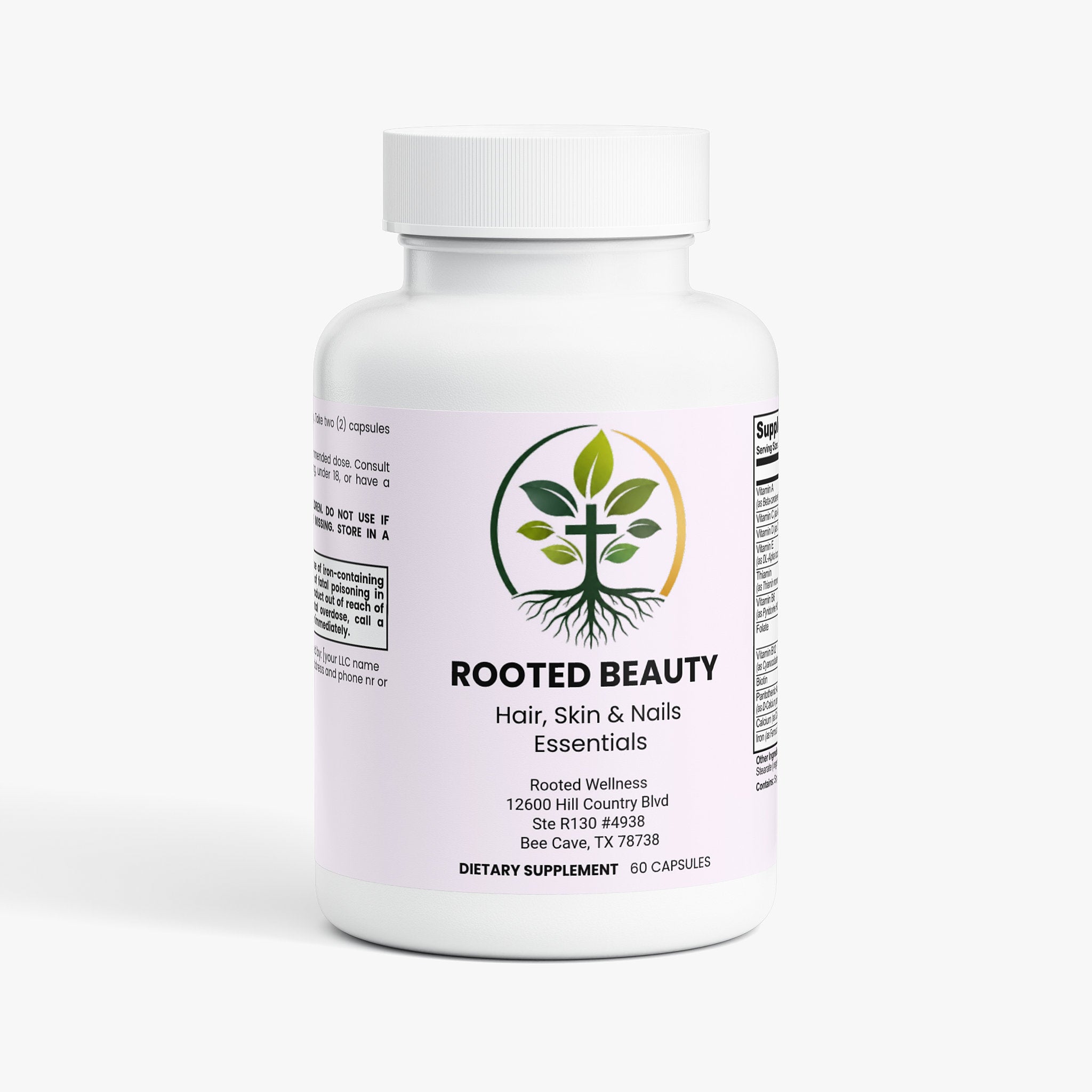 Hair Skin and Nails Essentials capsules — hair skin and nails essentials with biotin for growth, front of bottle label