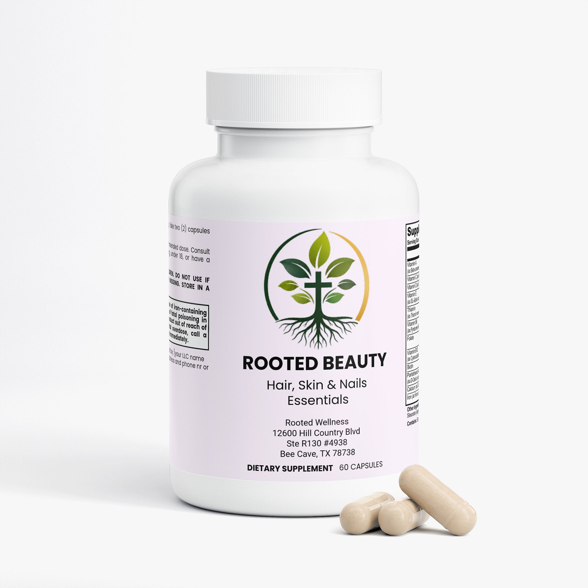 Hair Skin and Nails Essentials capsules — hair skin and nails essentials with biotin for growth, back label with supplement facts and ingredients