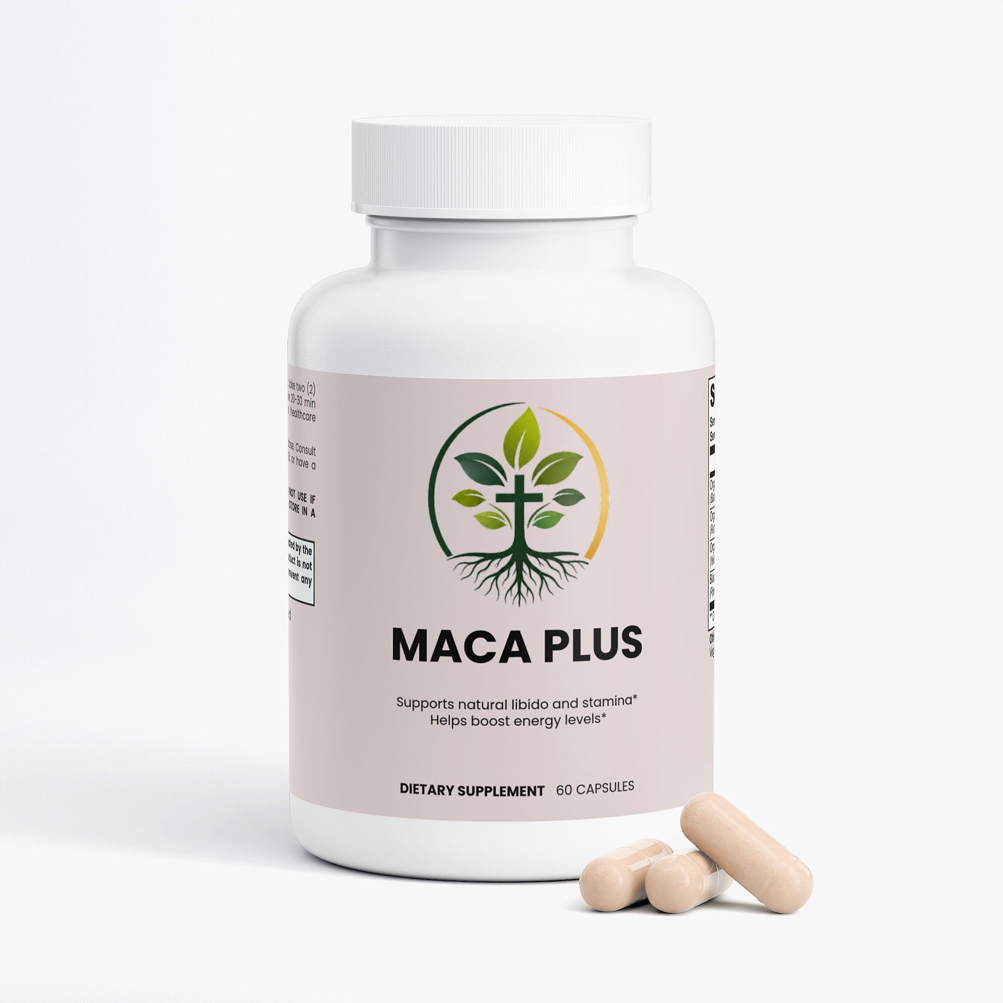 Maca Plus capsules — maca root plus capsules for energy stamina and hormone balance, back label with supplement facts and ingredients