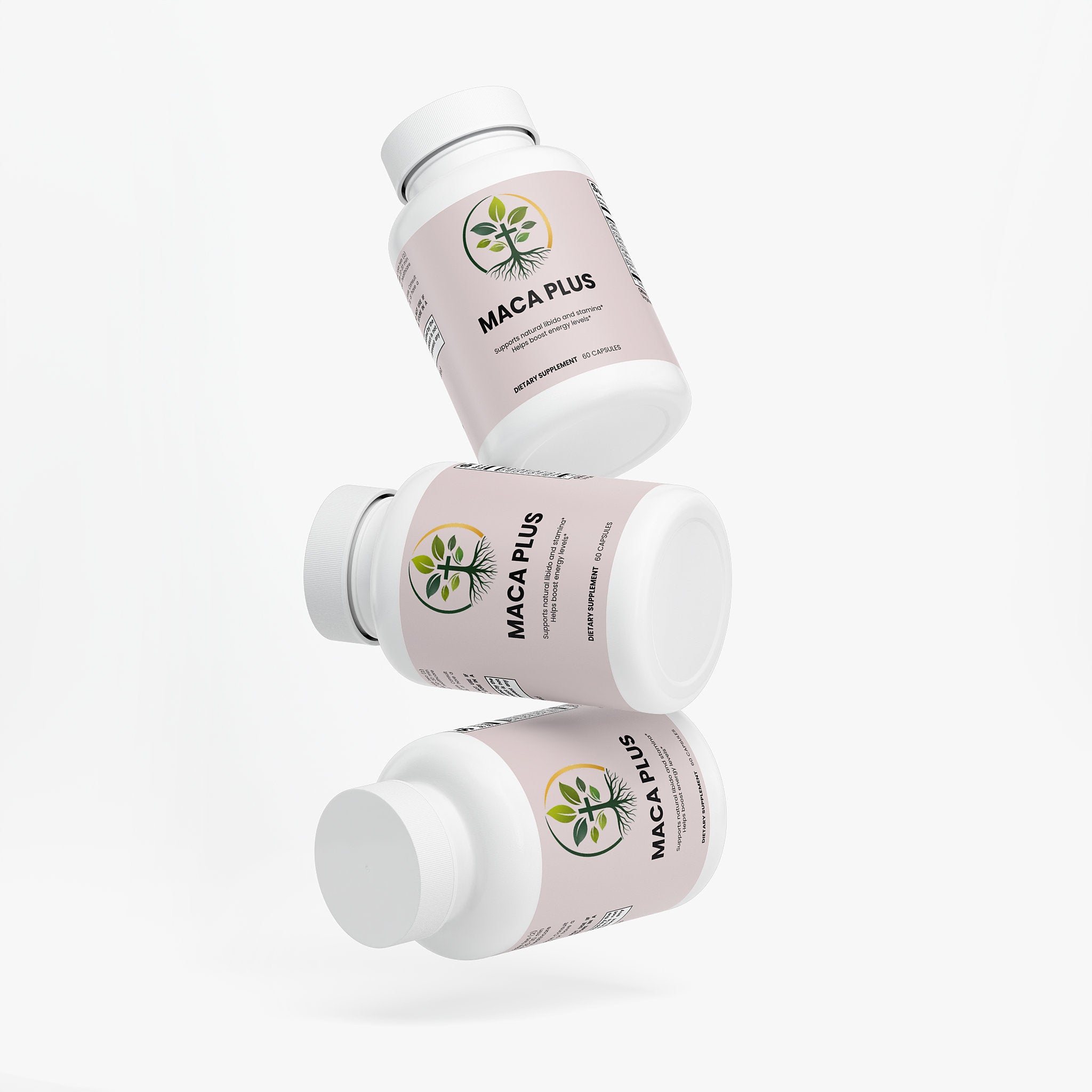 Maca Plus capsules — maca root plus capsules for energy stamina and hormone balance, packaging angle view