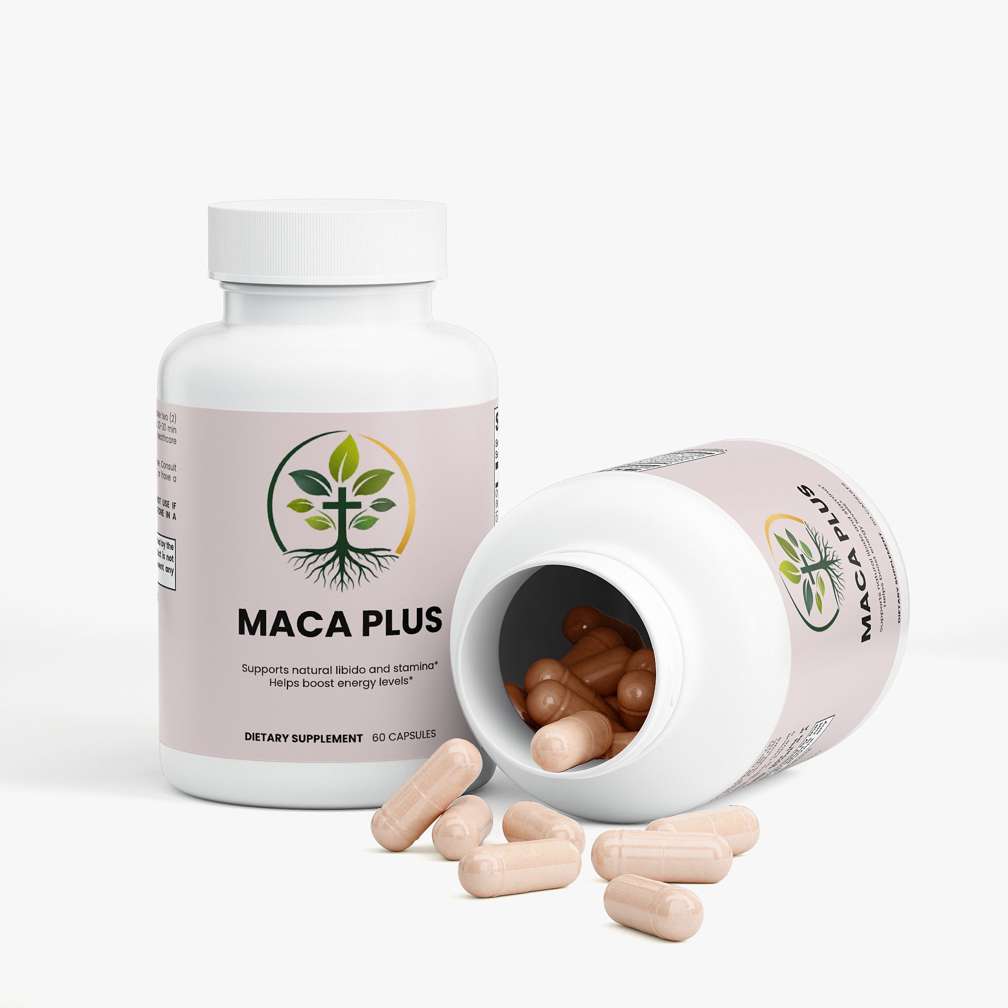 Maca Plus capsules — maca root plus capsules for energy stamina and hormone balance, packaging angle view