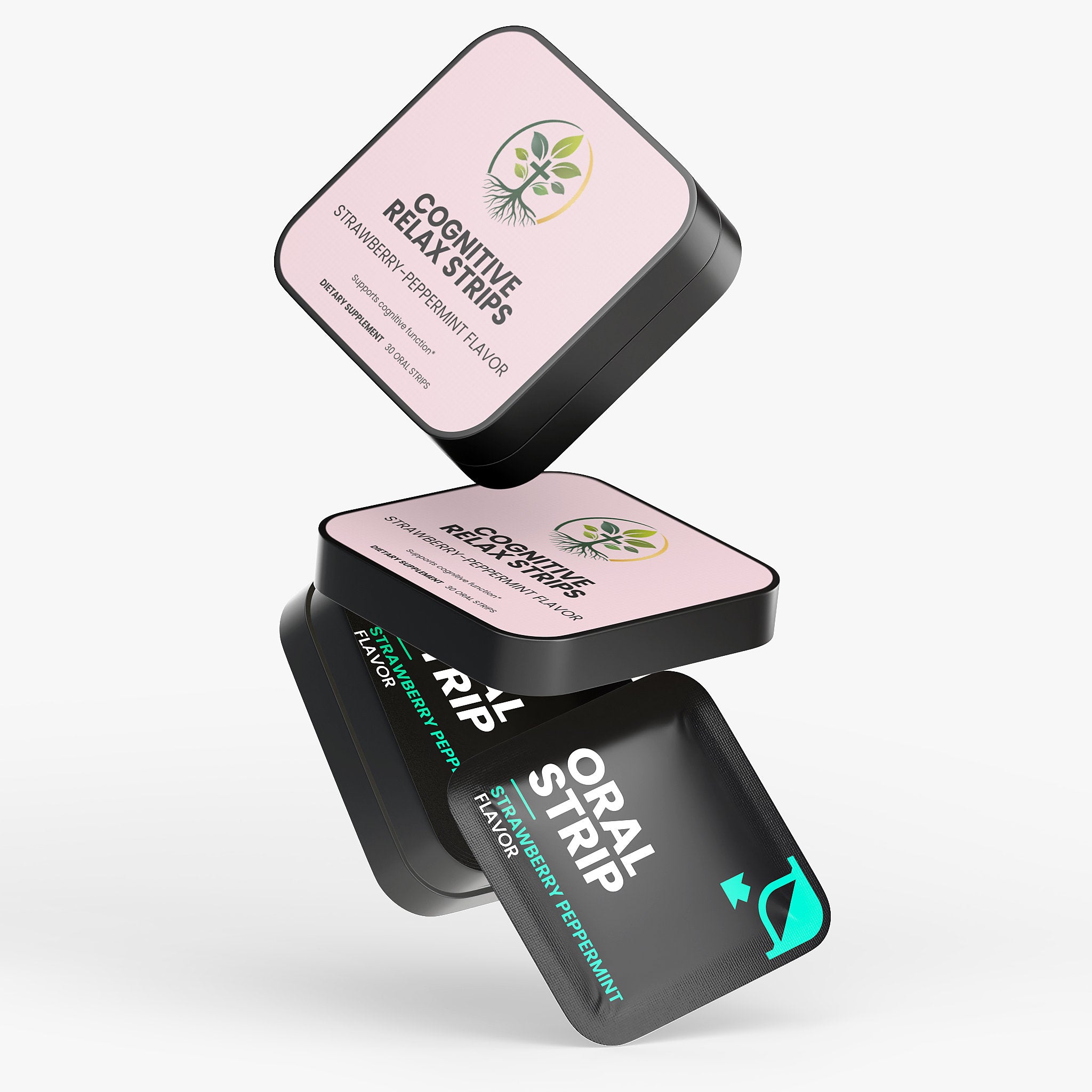 Cognitive Relax Strips dissolvable oral strips — L-theanine GABA dissolvable strips for calm and stress relief, bottle angle view