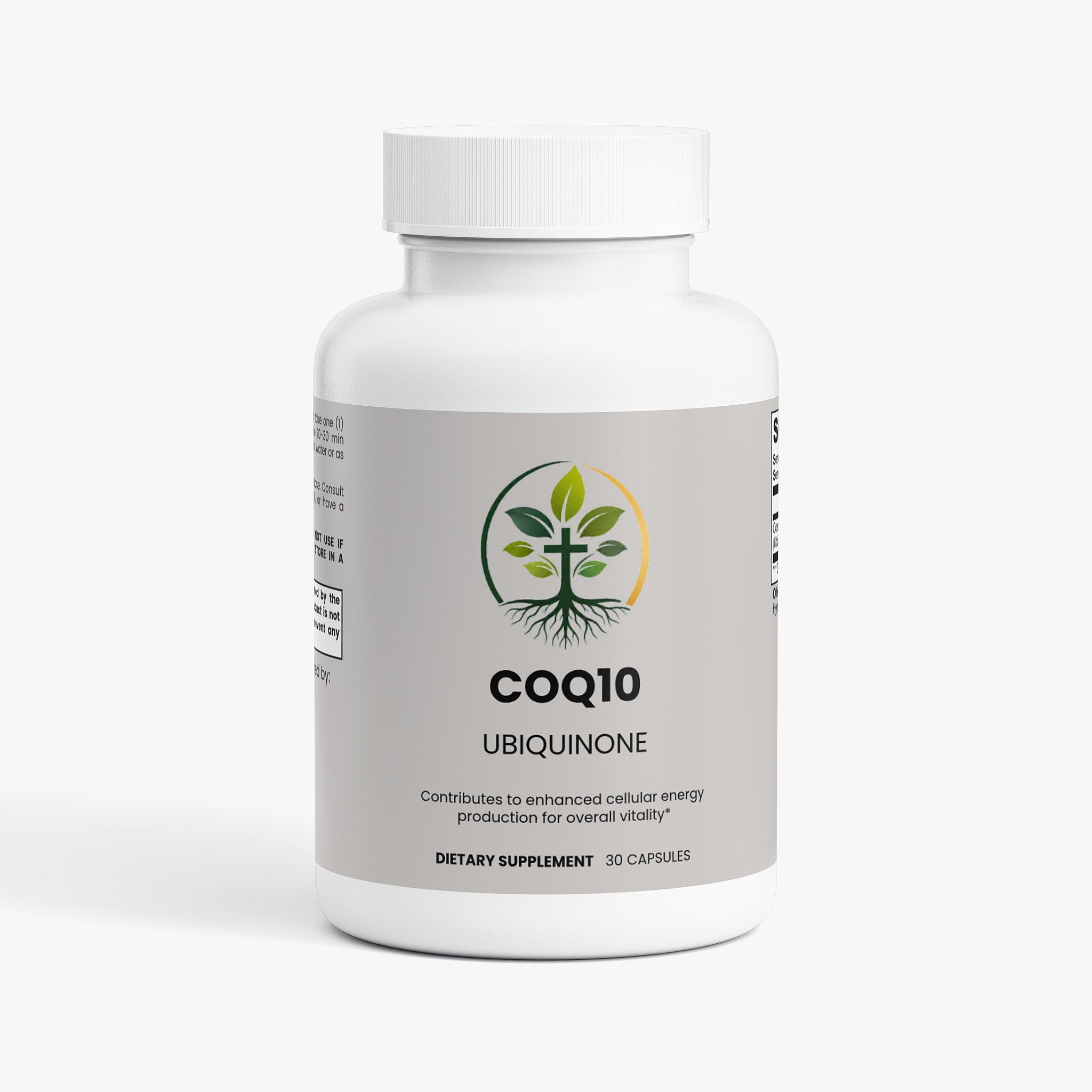 CoQ10 Ubiquinone capsules — CoQ10 ubiquinone supplement for heart health and cellular energy, front of bottle label
