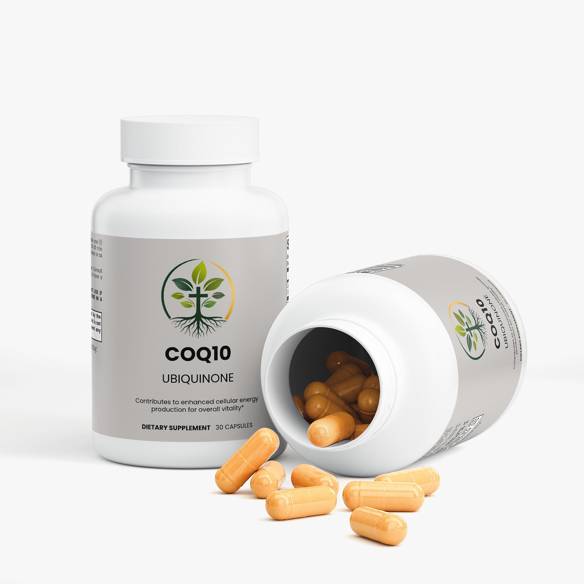 CoQ10 Ubiquinone capsules — CoQ10 ubiquinone supplement for heart health and cellular energy, bottle angle view