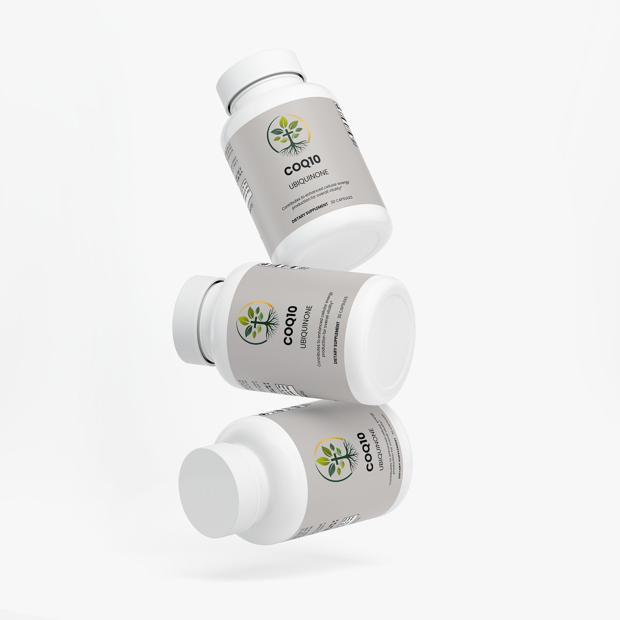 CoQ10 Ubiquinone capsules — CoQ10 ubiquinone supplement for heart health and cellular energy, bottle angle view