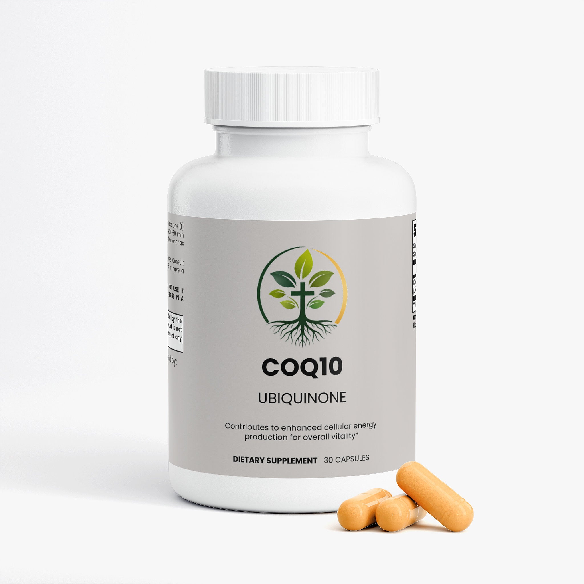 CoQ10 Ubiquinone capsules — CoQ10 ubiquinone supplement for heart health and cellular energy, back label with supplement facts and ingredients
