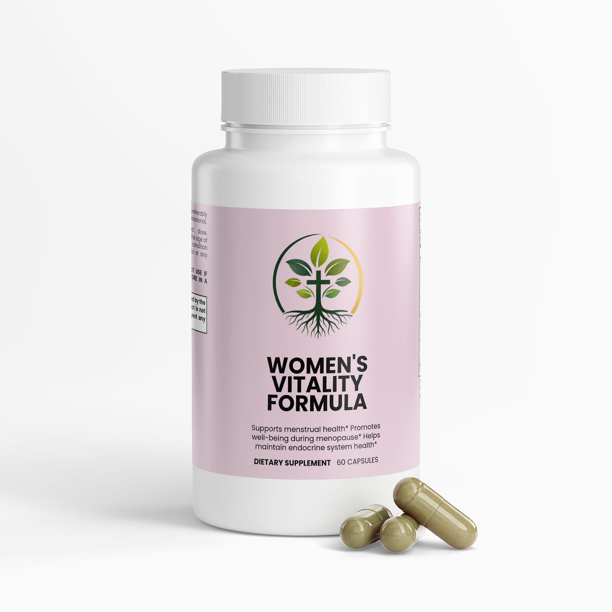 Women's Vitality Formula capsules — women's vitality formula supplement for hormone balance and energy, back label with supplement facts and ingredients