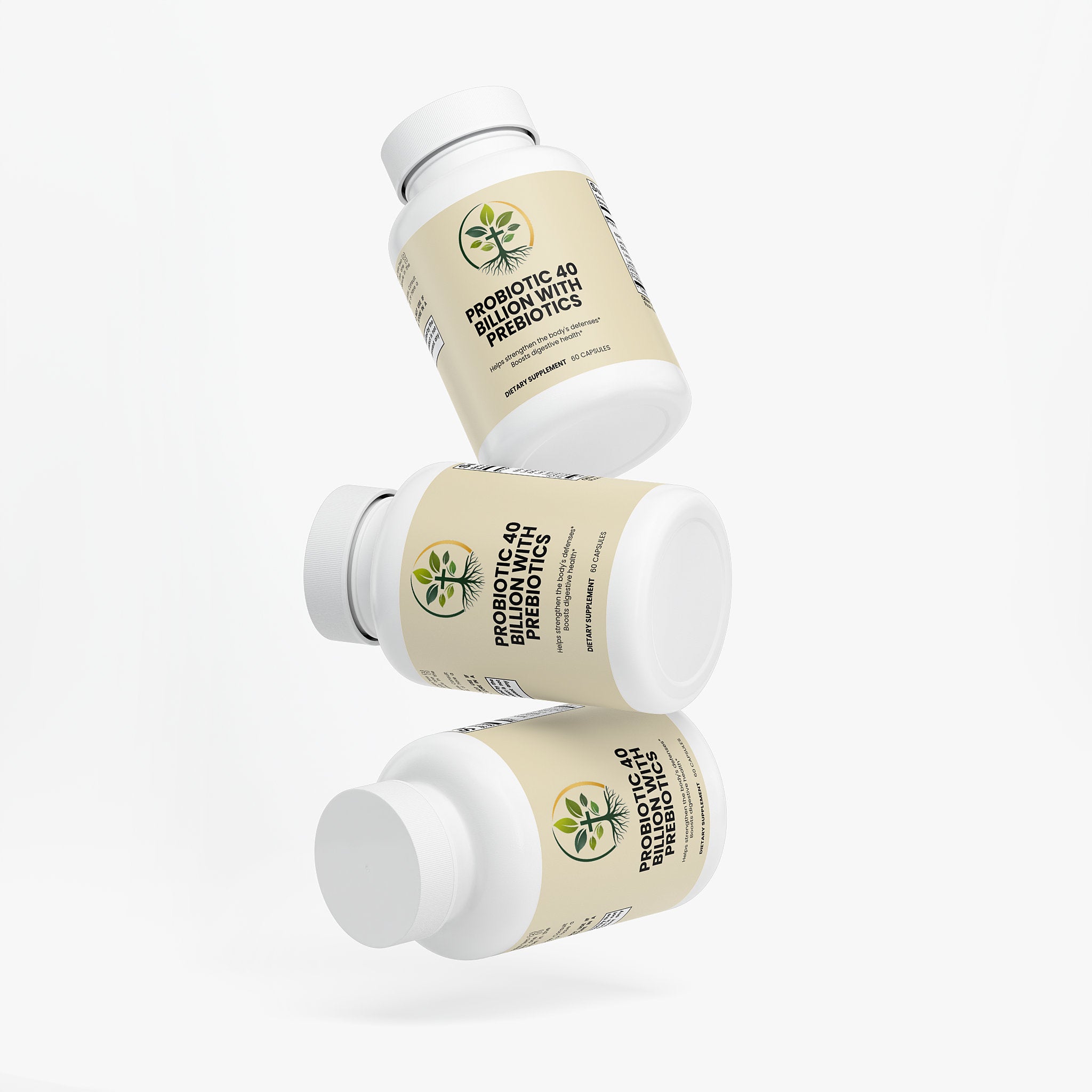 Probiotic 40 Billion capsules — probiotic 40 billion CFU supplement with prebiotics for gut health, bottle angle view