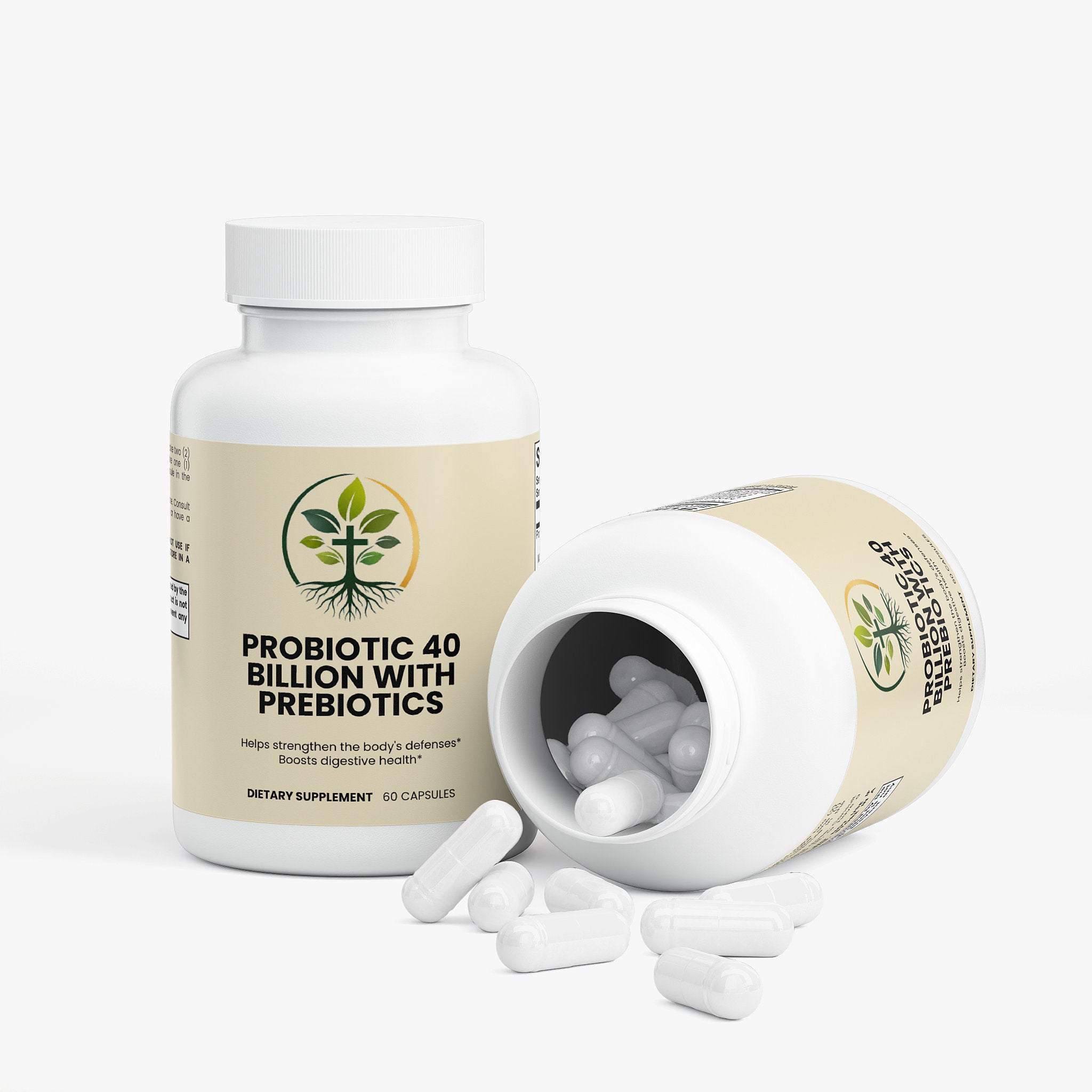 Probiotic 40 Billion capsules — probiotic 40 billion CFU supplement with prebiotics for gut health, bottle angle view