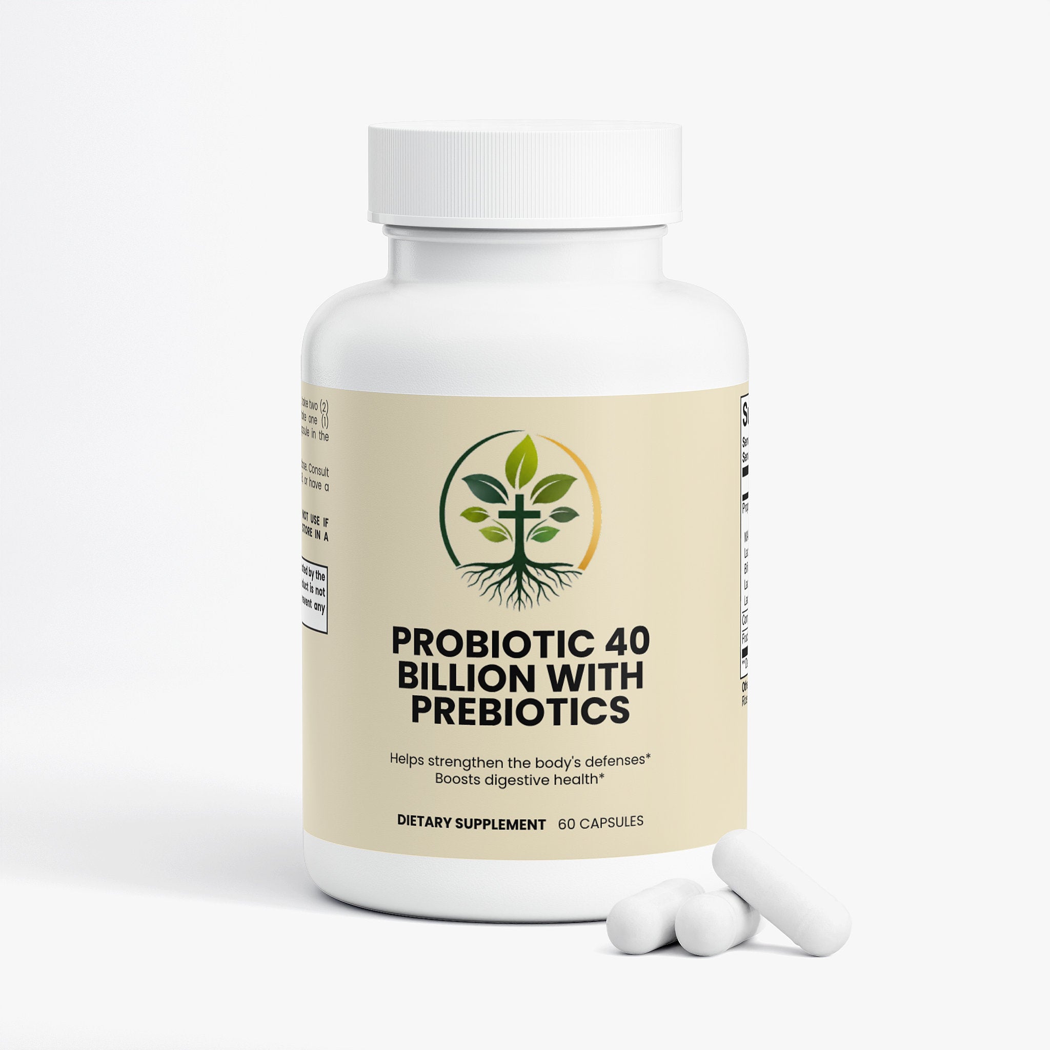 Probiotic 40 Billion capsules — probiotic 40 billion CFU supplement with prebiotics for gut health, back label with supplement facts and ingredients