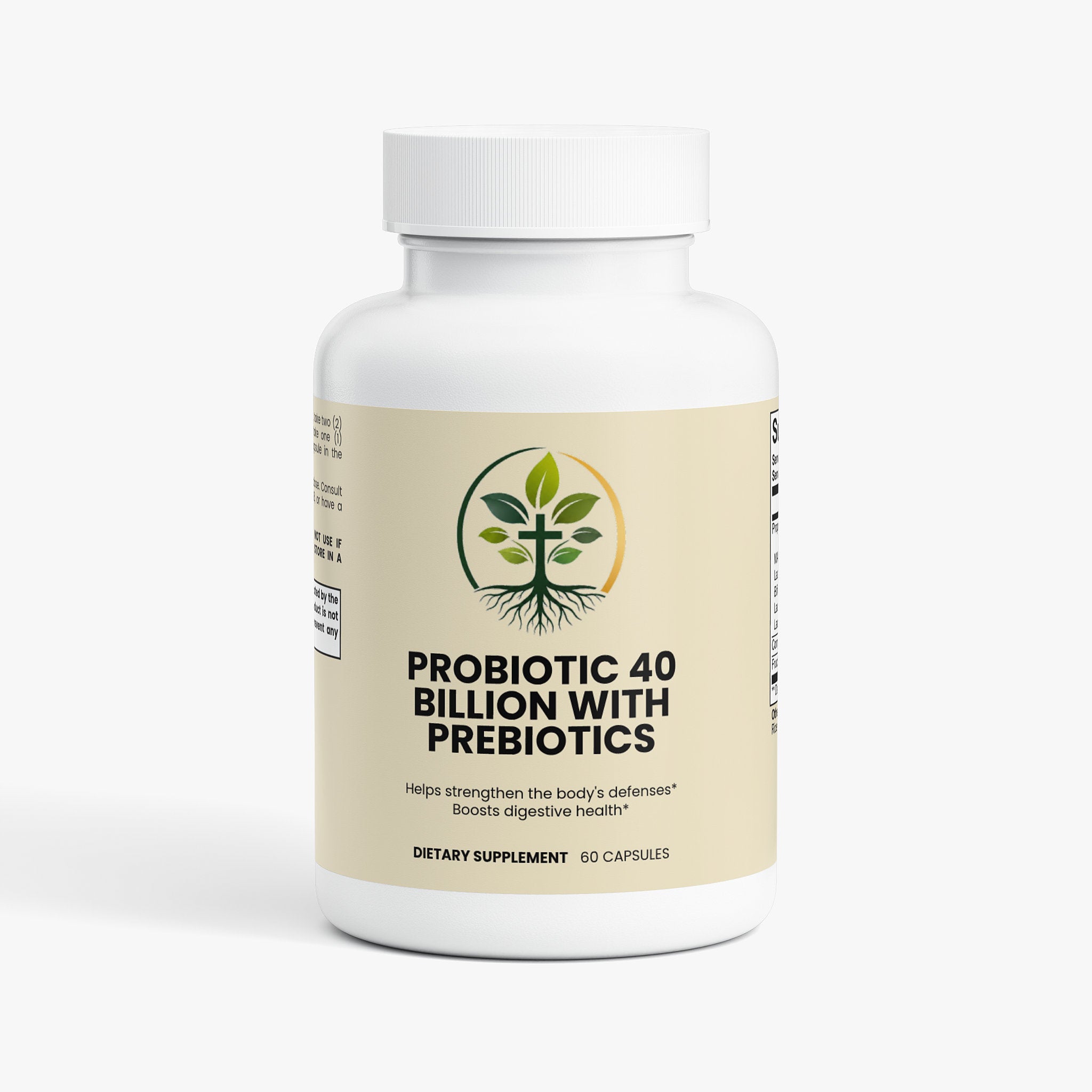Probiotic 40 Billion capsules — probiotic 40 billion CFU supplement with prebiotics for gut health, front of bottle label