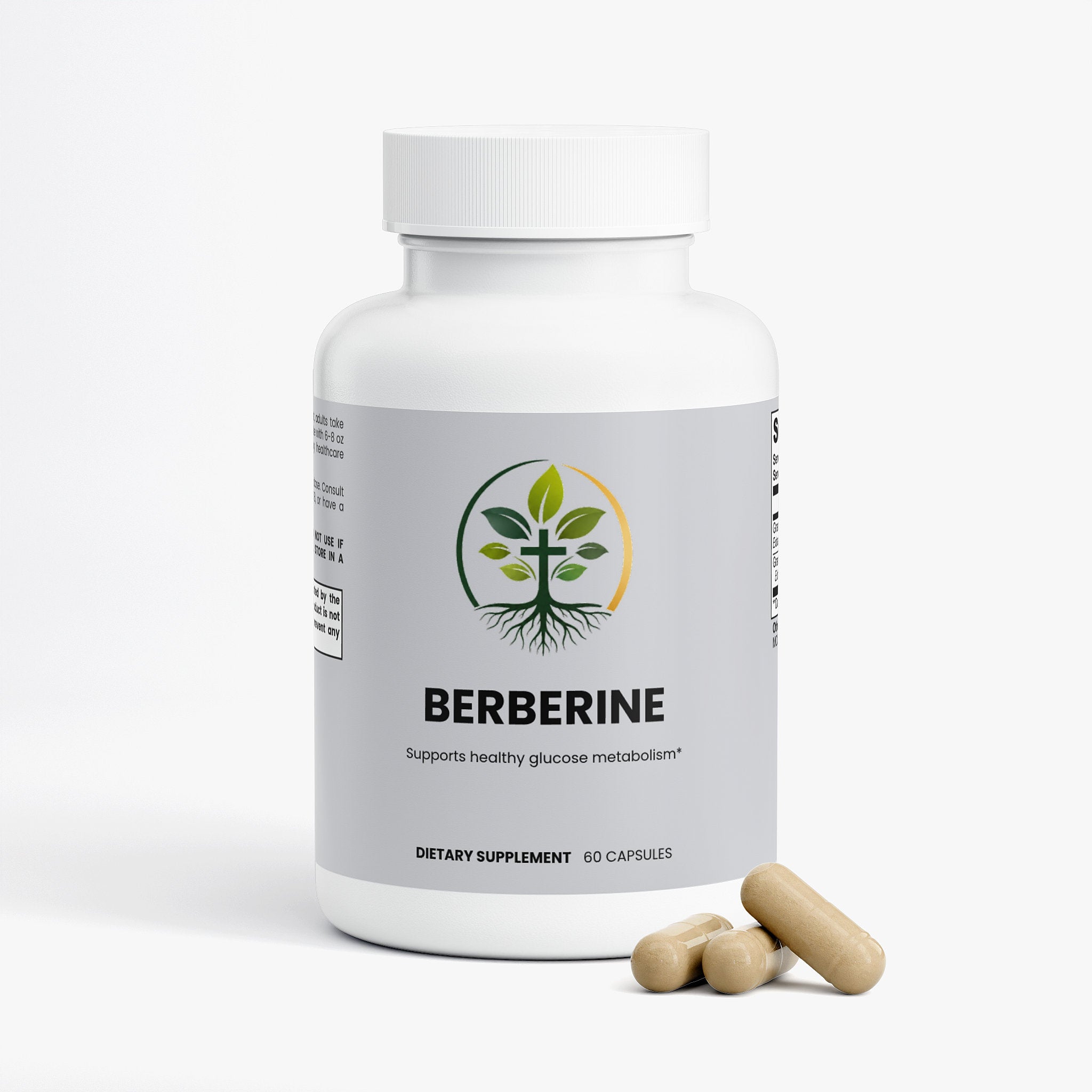 Berberine capsules — berberine HCl capsules for blood sugar and metabolism support, back label with supplement facts and ingredients