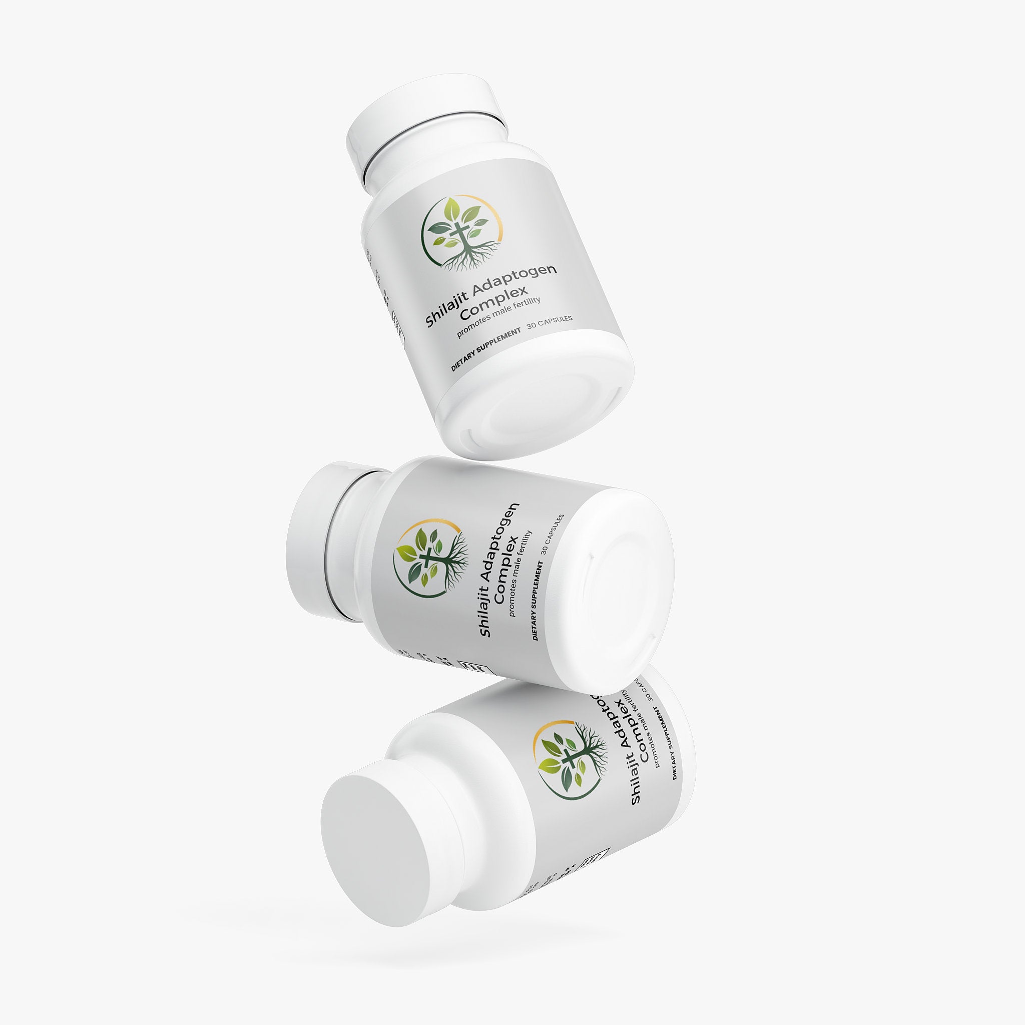 Shilajit Adaptogen Complex capsules — shilajit resin supplement adaptogen for energy and vitality, bottle angle view