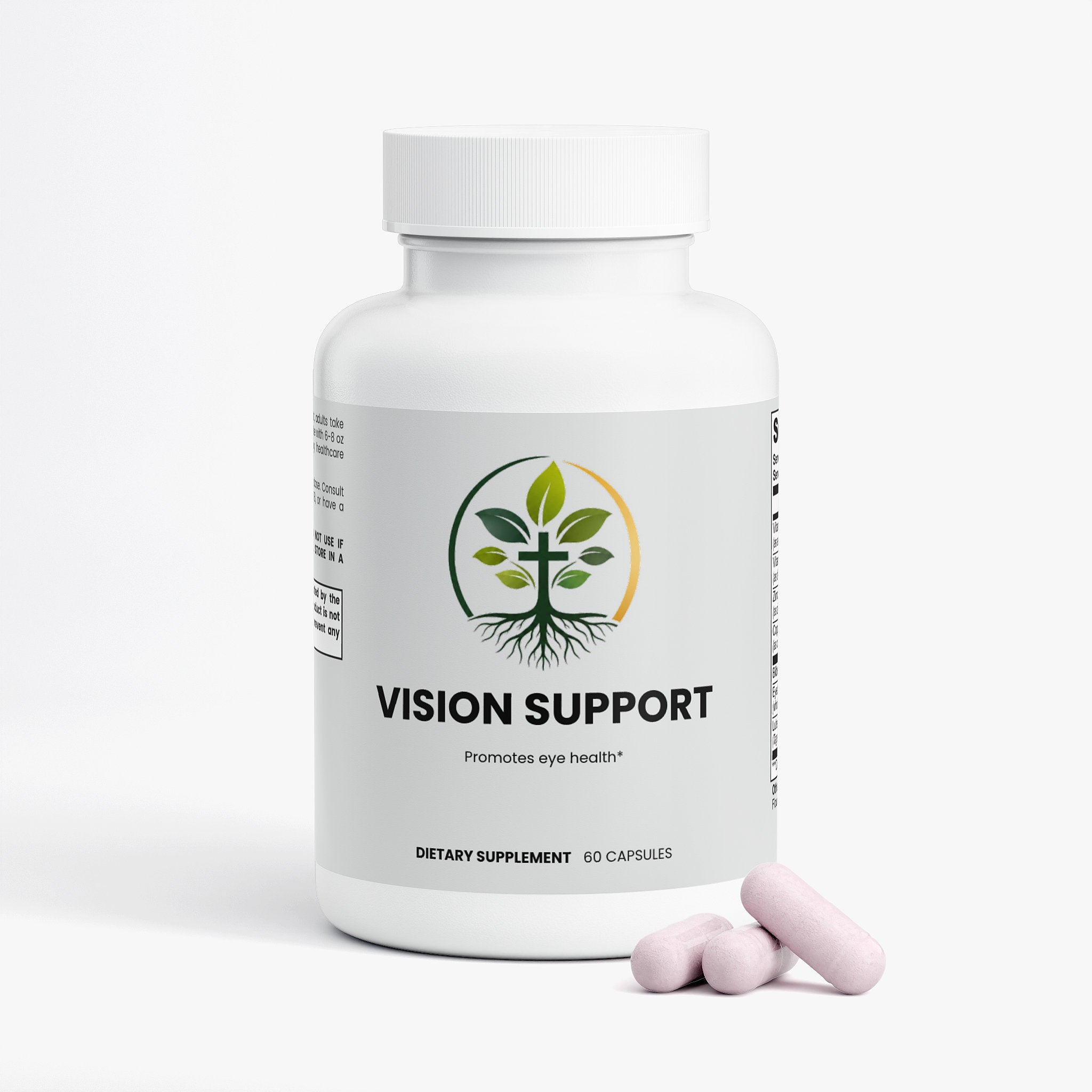 Vision Support capsules — vision support supplement with lutein and zeaxanthin for eye health, back label with supplement facts and ingredients