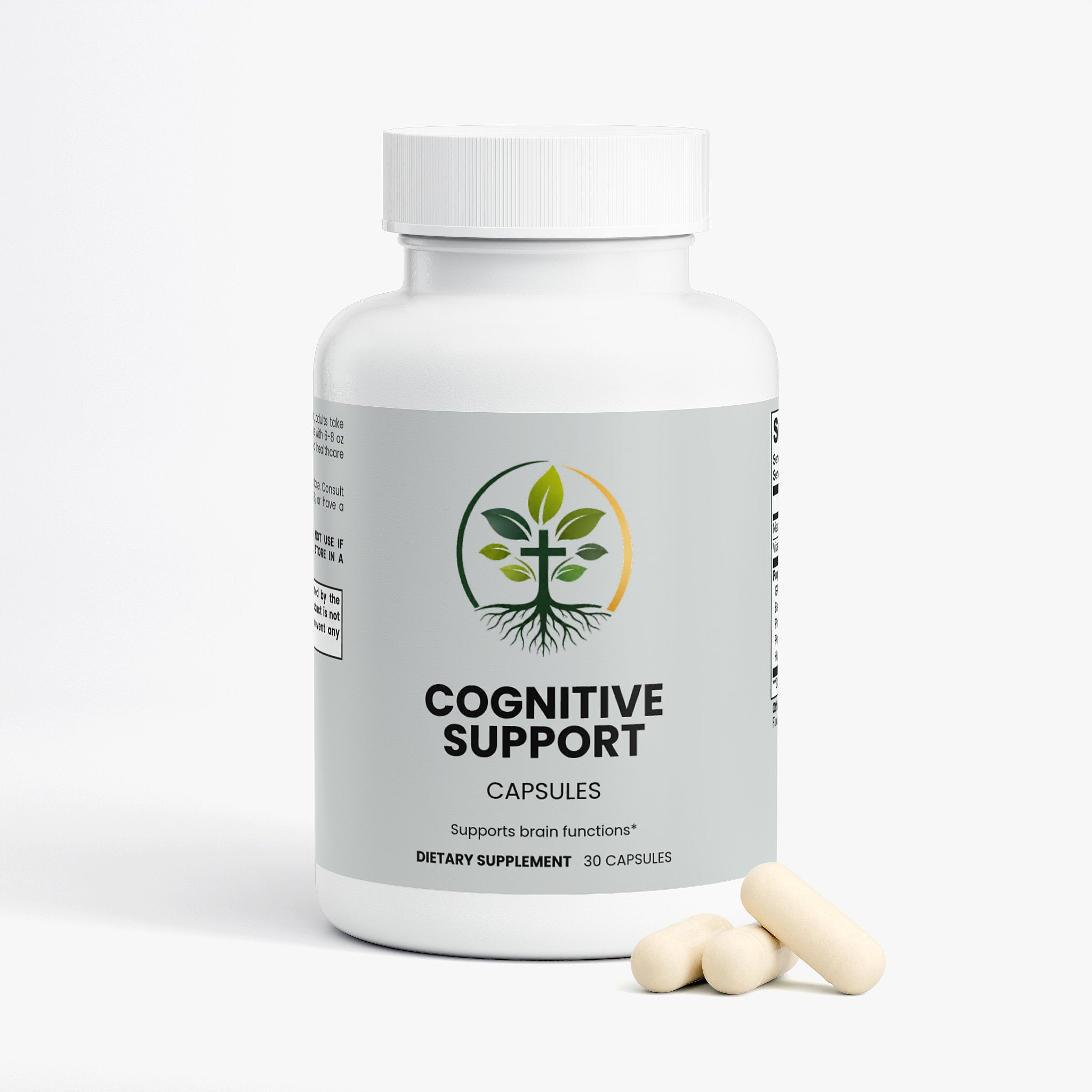 Cognitive Support capsules — cognitive support supplement for memory focus and brain health, back label with supplement facts and ingredients