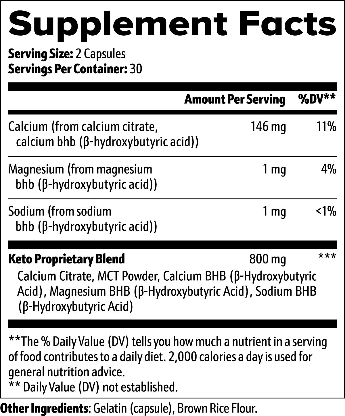 Keto BHB capsules — keto BHB exogenous ketones capsules for ketosis support, back label with supplement facts and ingredients