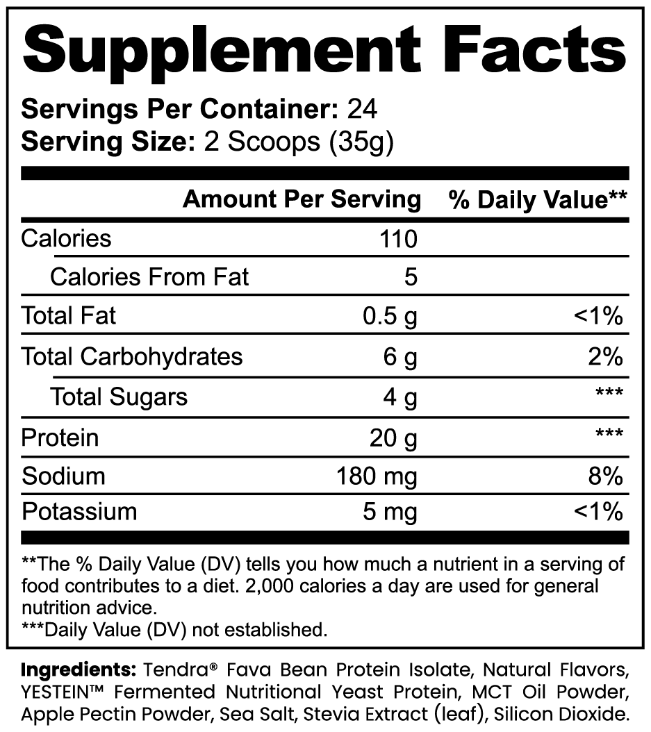 Plant Protein Vanilla plant-based protein powder — vegan vanilla plant protein powder for muscle recovery, back label with supplement facts and ingredients